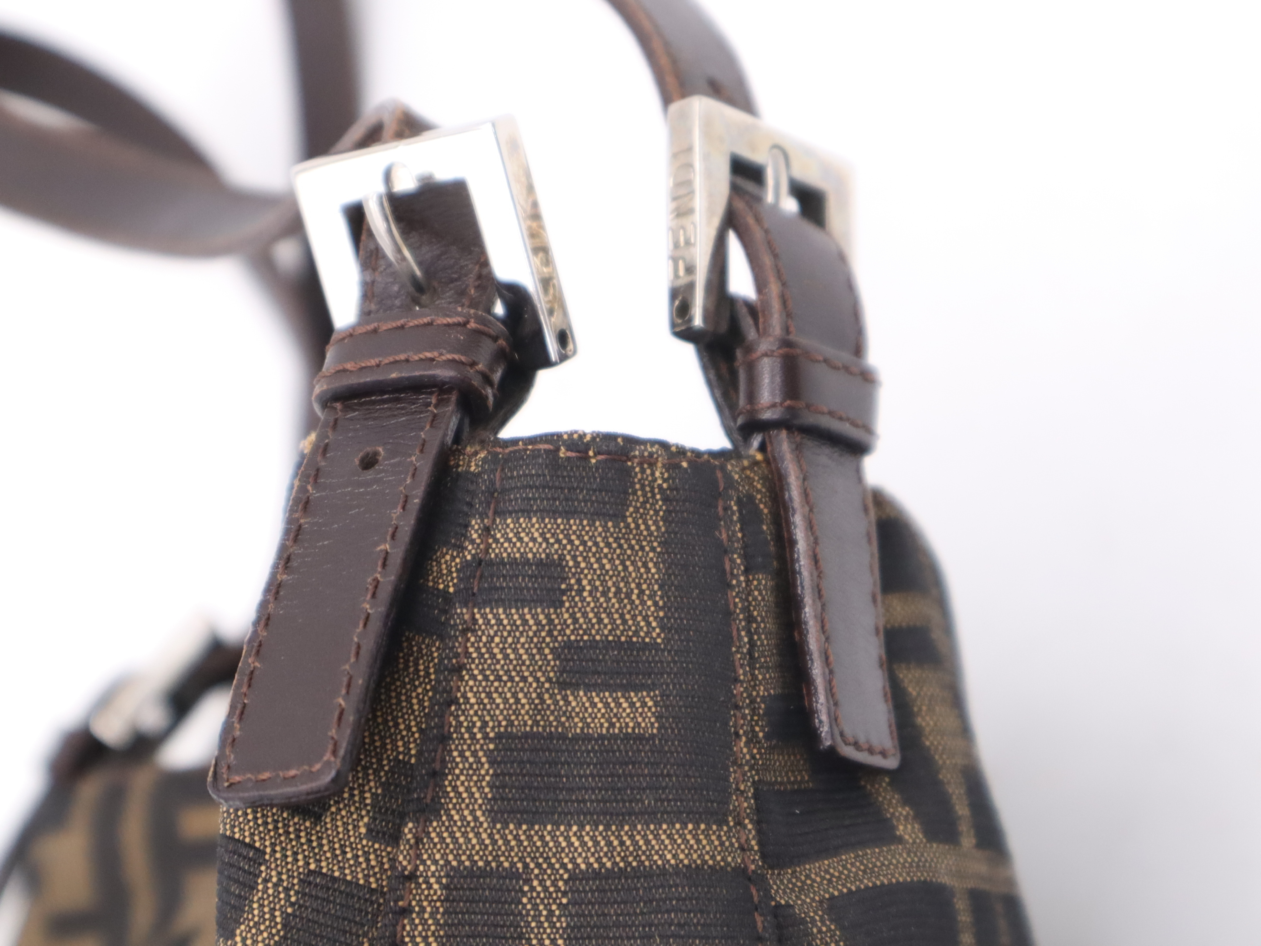 Canvas x Leather Zucca Brown Shoulder Bag with Silver Hardware — view 7