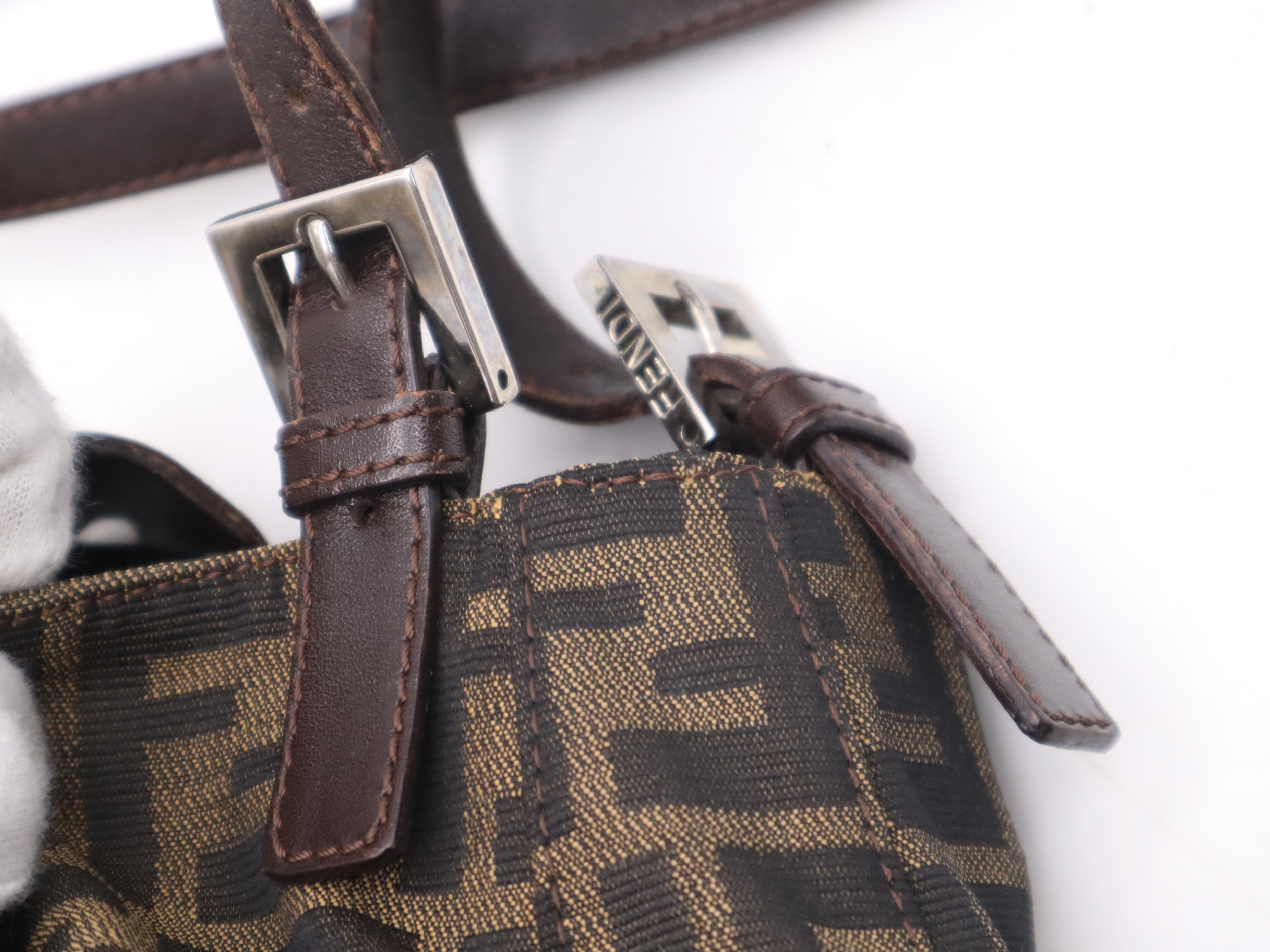 Canvas x Leather Zucca Brown Shoulder Bag with Silver Hardware — view 8