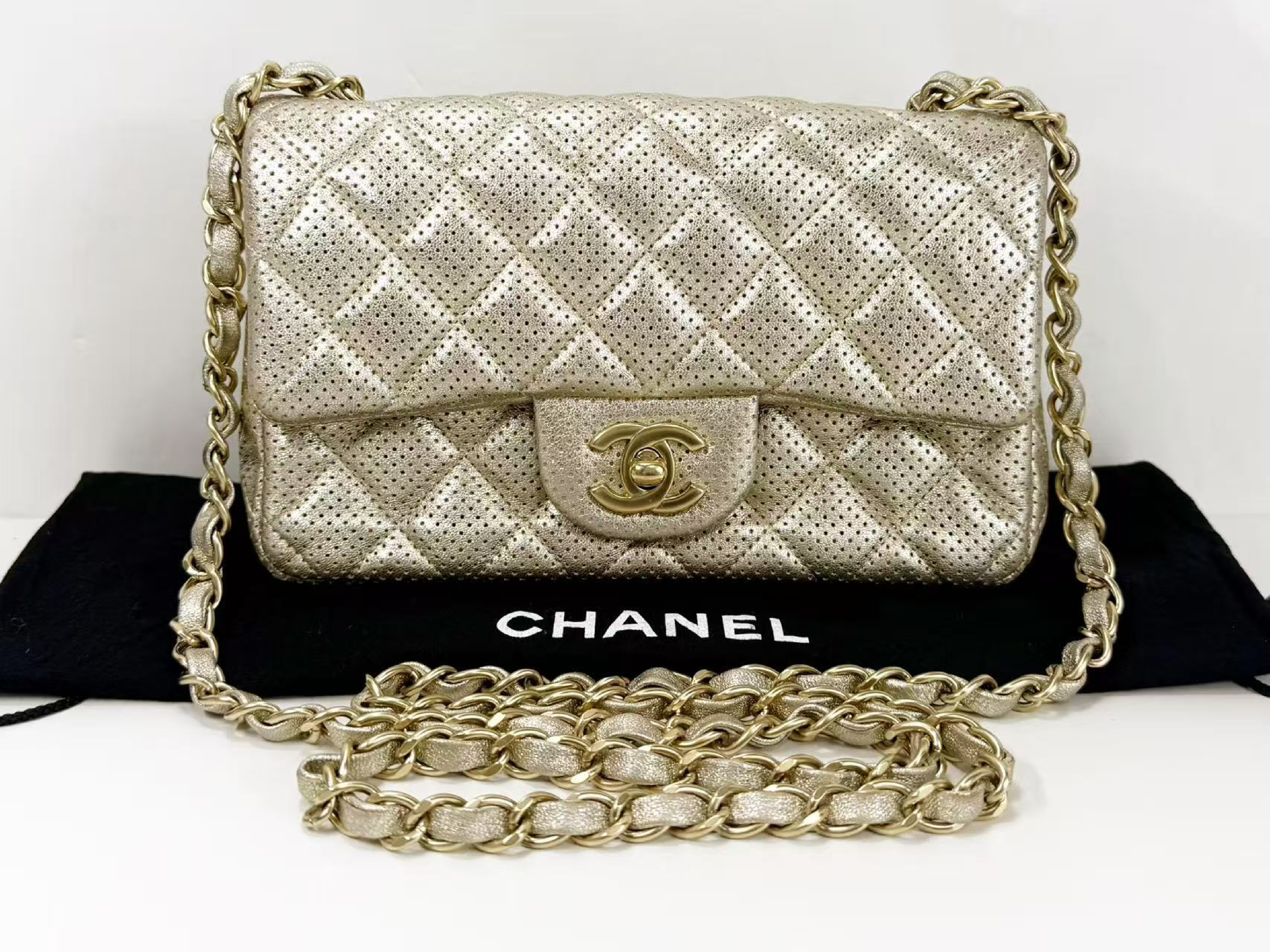 Mini Matelassé Perforated Champagne Gold Shoulder Bag, W20/H12/D6cm (approx.), Serial Number in the 20s, with dust bag and seal, matte gold hardware, 20431722.
