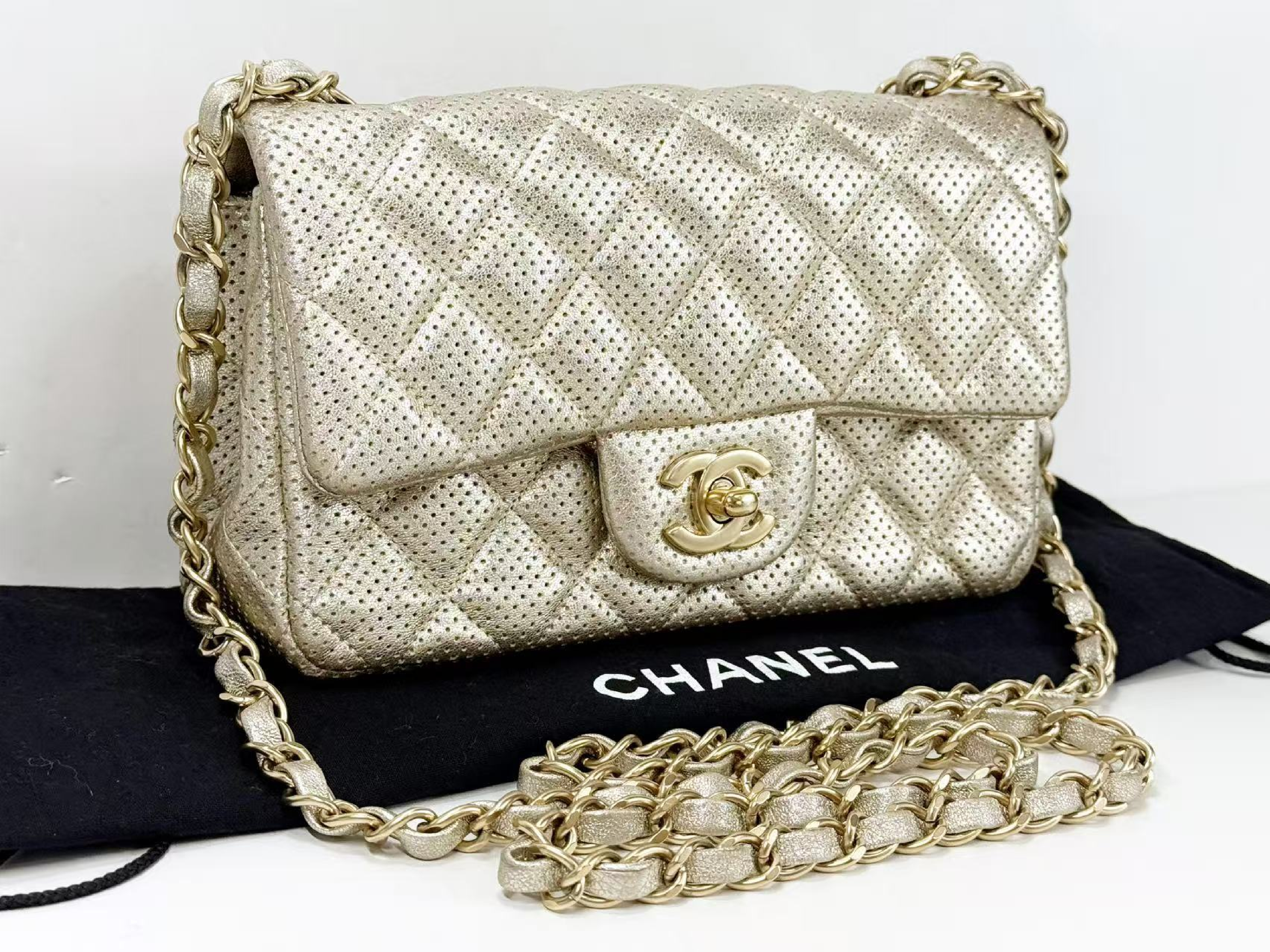 Mini Matelassé Perforated Champagne Gold Shoulder Bag, W20/H12/D6cm (approx.), Serial Number in the 20s, with dust bag and seal, matte gold hardware, 20431722. — view 2