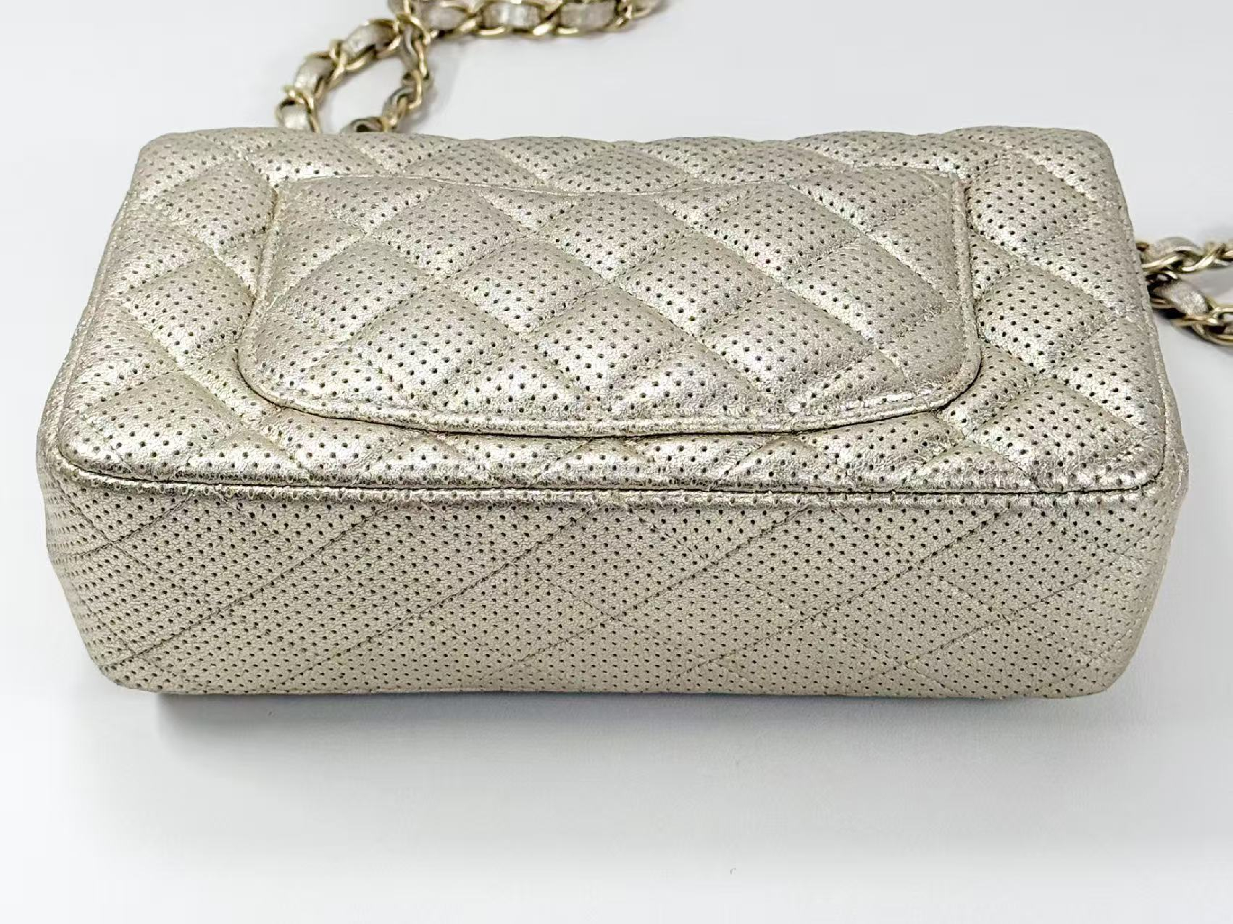 Mini Matelassé Perforated Champagne Gold Shoulder Bag, W20/H12/D6cm (approx.), Serial Number in the 20s, with dust bag and seal, matte gold hardware, 20431722. — view 11