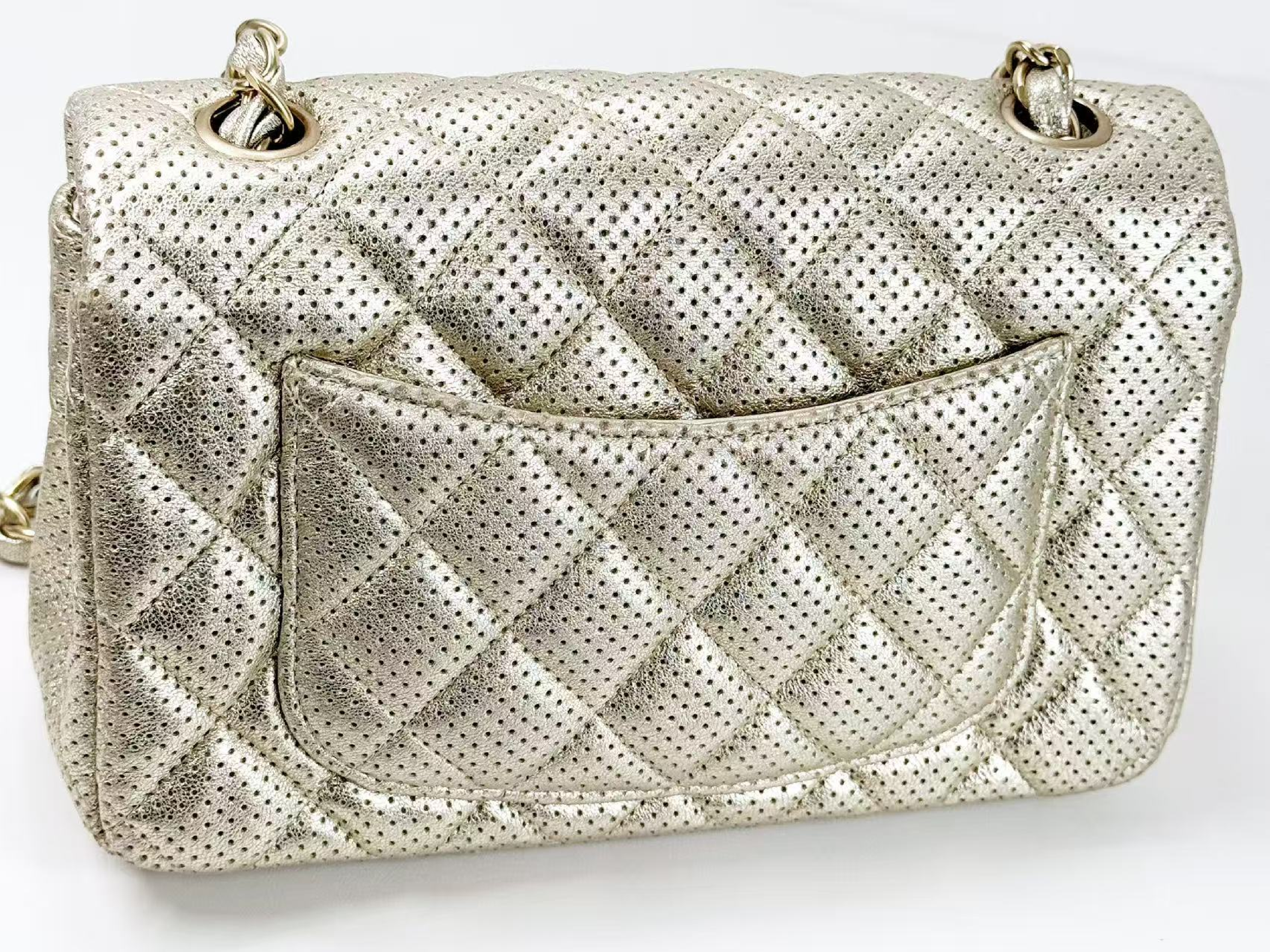 Mini Matelassé Perforated Champagne Gold Shoulder Bag, W20/H12/D6cm (approx.), Serial Number in the 20s, with dust bag and seal, matte gold hardware, 20431722. — view 12