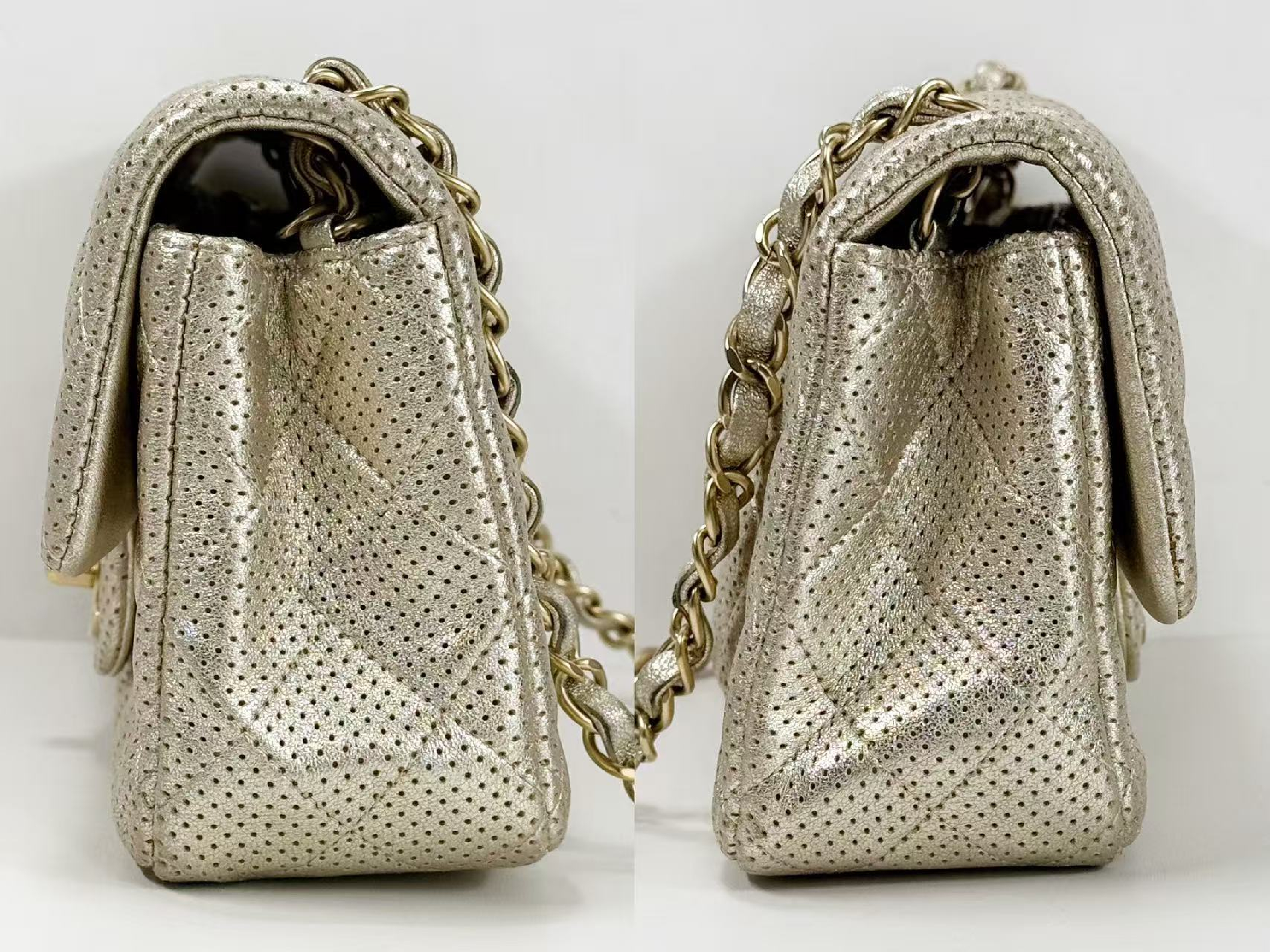 Mini Matelassé Perforated Champagne Gold Shoulder Bag, W20/H12/D6cm (approx.), Serial Number in the 20s, with dust bag and seal, matte gold hardware, 20431722. — view 13