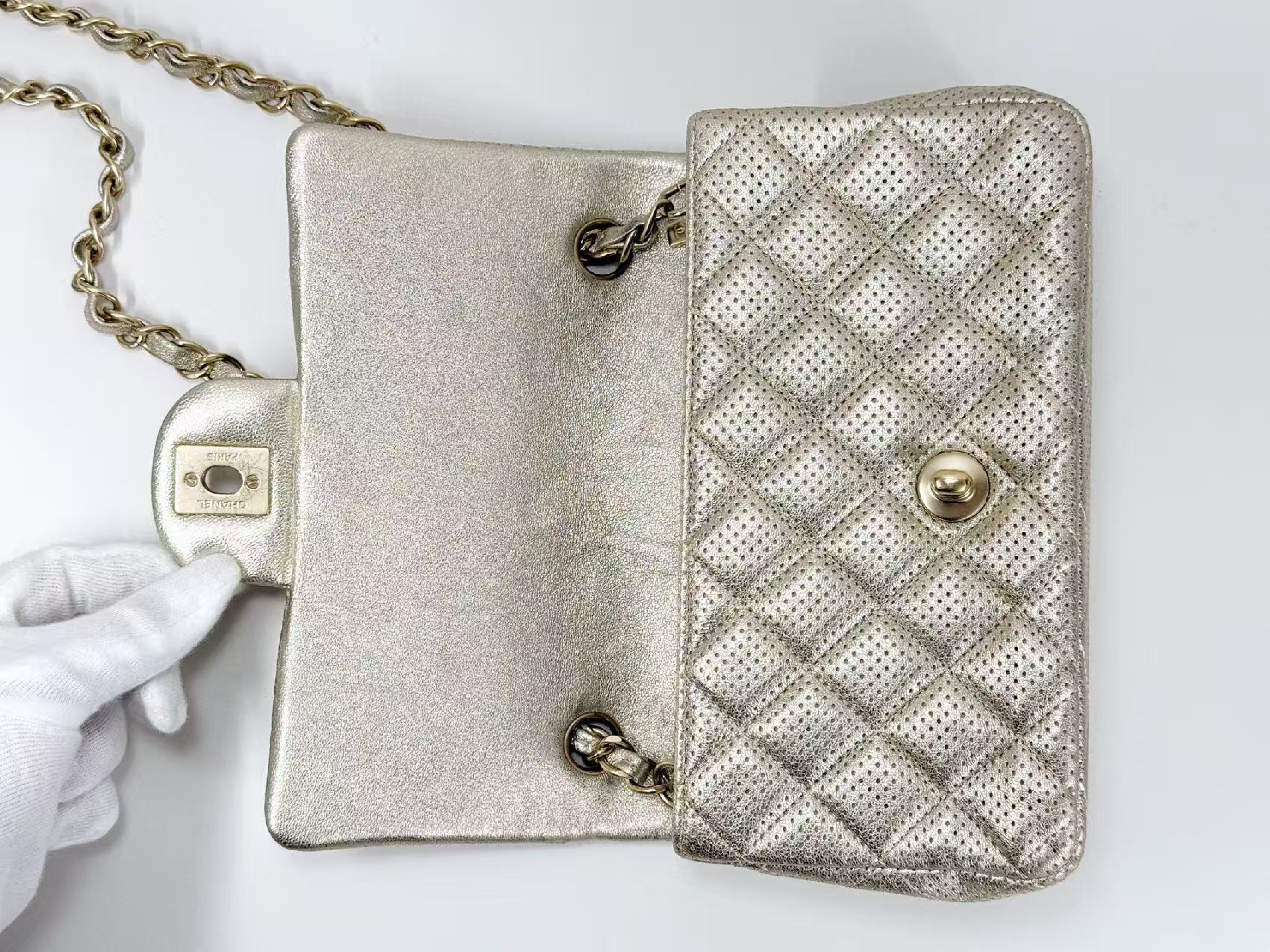 Mini Matelassé Perforated Champagne Gold Shoulder Bag, W20/H12/D6cm (approx.), Serial Number in the 20s, with dust bag and seal, matte gold hardware, 20431722. — view 14