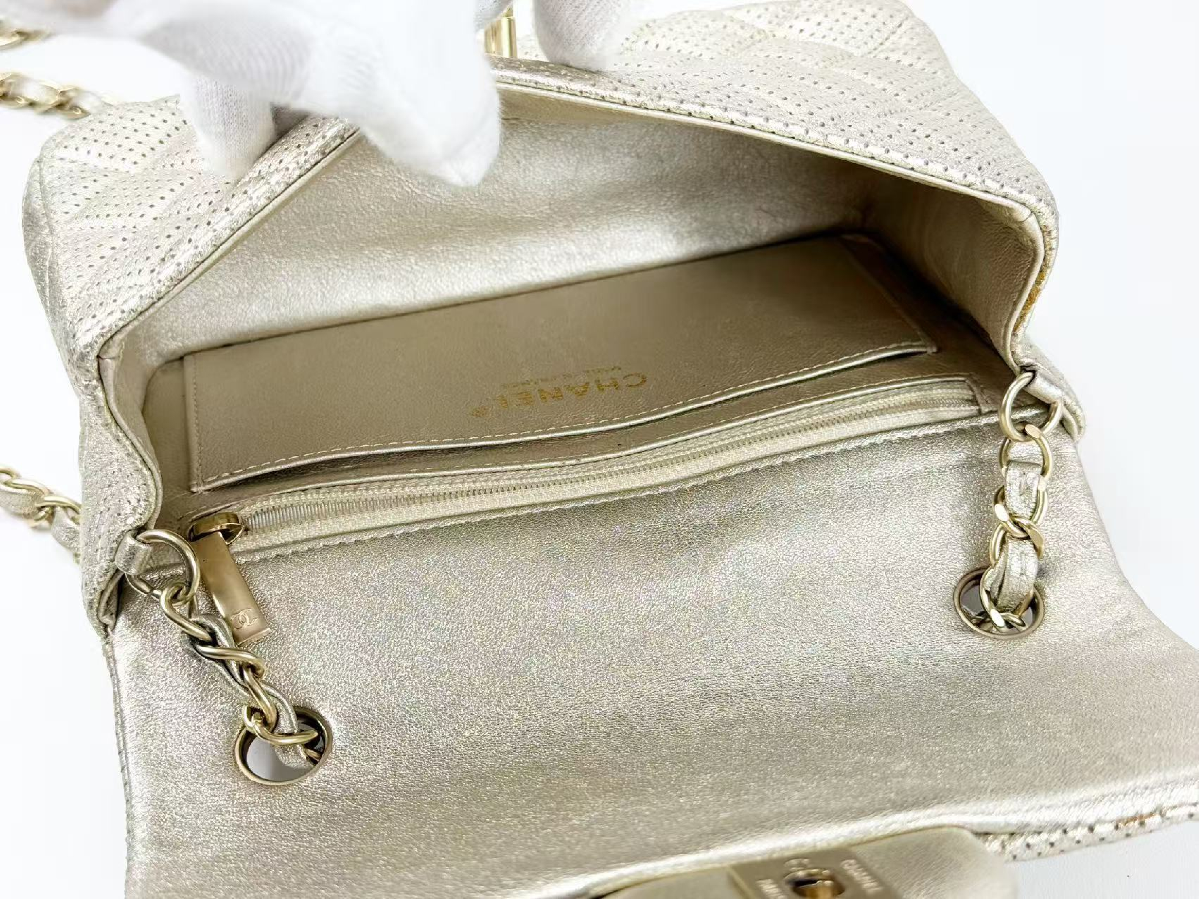 Mini Matelassé Perforated Champagne Gold Shoulder Bag, W20/H12/D6cm (approx.), Serial Number in the 20s, with dust bag and seal, matte gold hardware, 20431722. — view 15