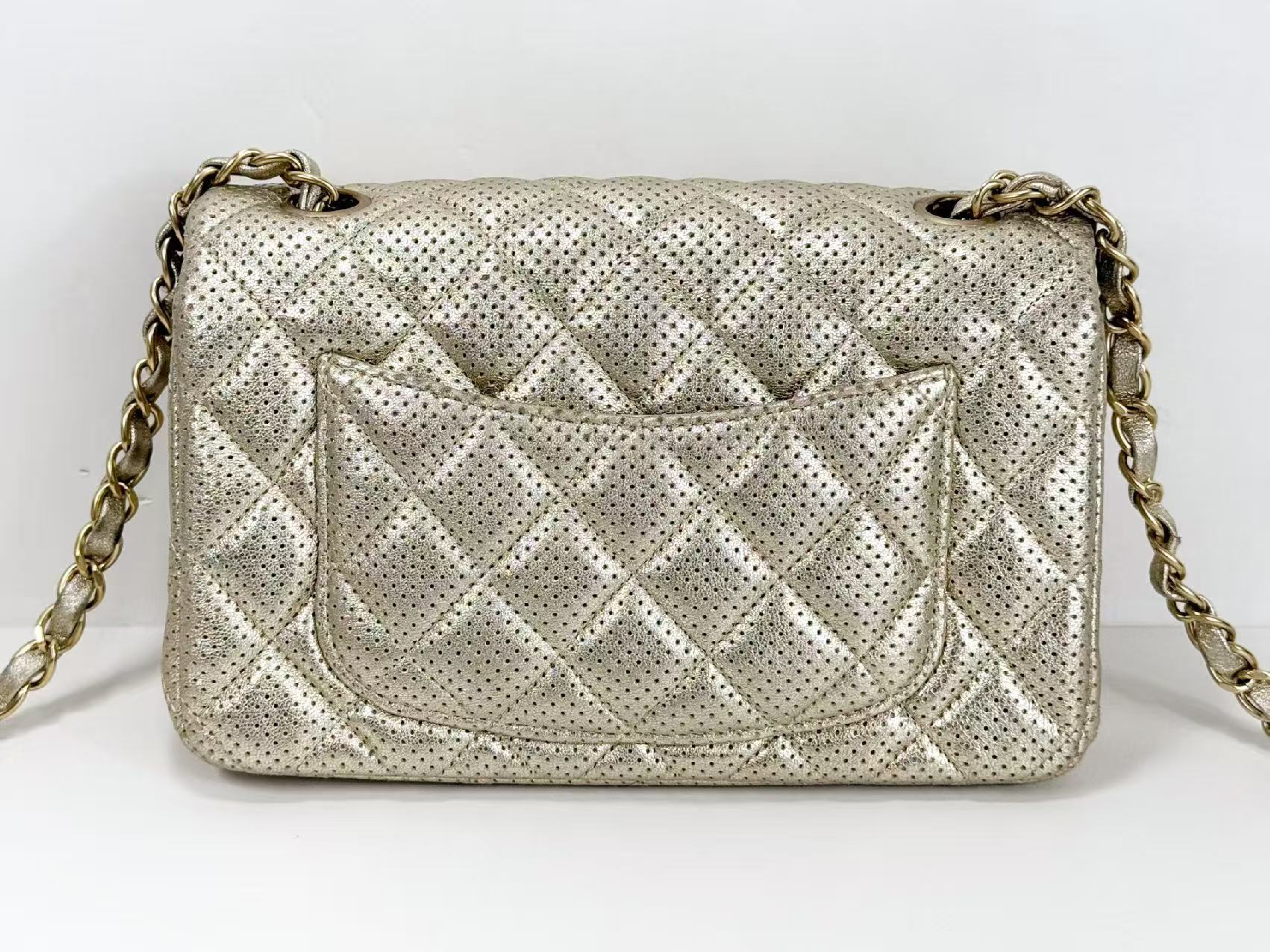 Mini Matelassé Perforated Champagne Gold Shoulder Bag, W20/H12/D6cm (approx.), Serial Number in the 20s, with dust bag and seal, matte gold hardware, 20431722. — view 3
