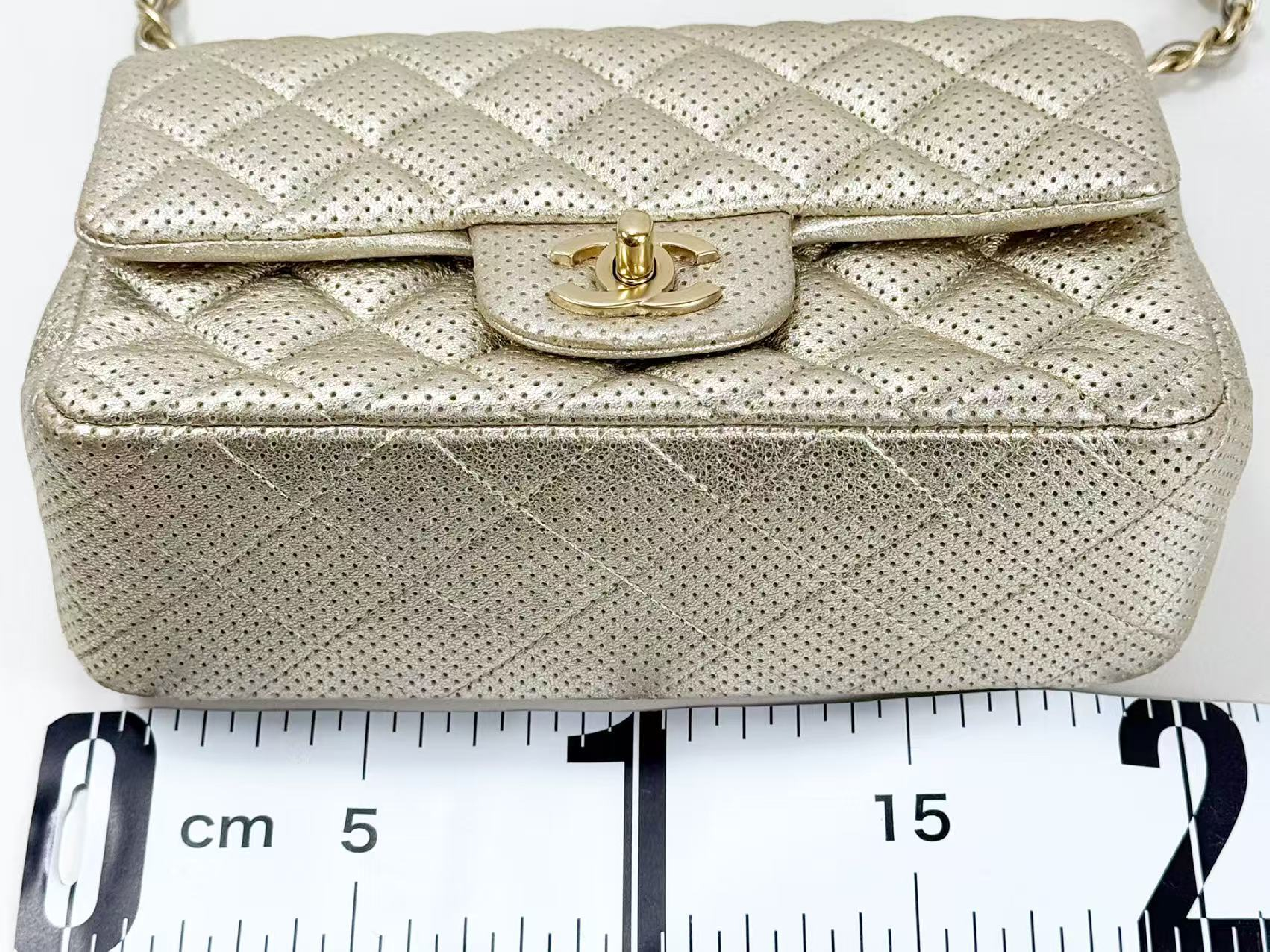Mini Matelassé Perforated Champagne Gold Shoulder Bag, W20/H12/D6cm (approx.), Serial Number in the 20s, with dust bag and seal, matte gold hardware, 20431722. — view 4