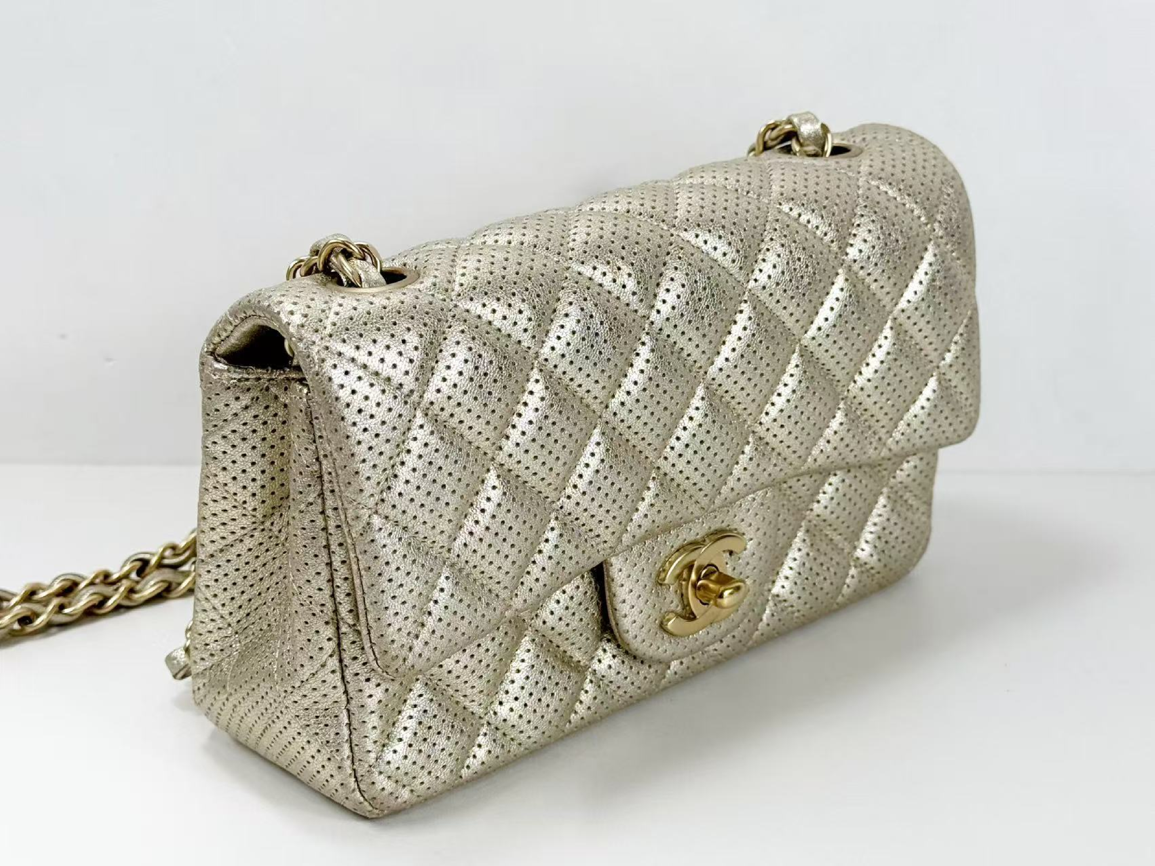 Mini Matelassé Perforated Champagne Gold Shoulder Bag, W20/H12/D6cm (approx.), Serial Number in the 20s, with dust bag and seal, matte gold hardware, 20431722. — view 6