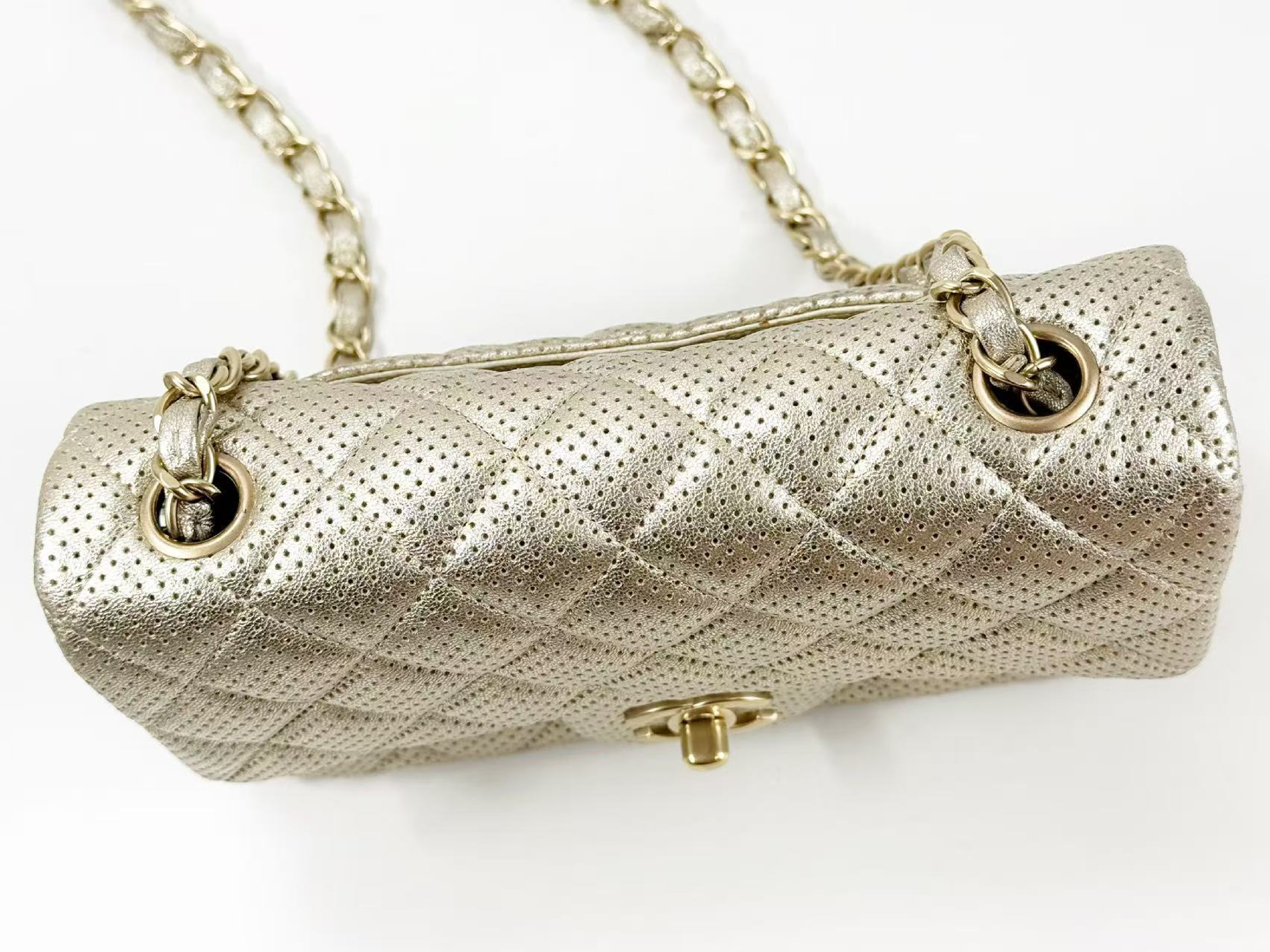 Mini Matelassé Perforated Champagne Gold Shoulder Bag, W20/H12/D6cm (approx.), Serial Number in the 20s, with dust bag and seal, matte gold hardware, 20431722. — view 7