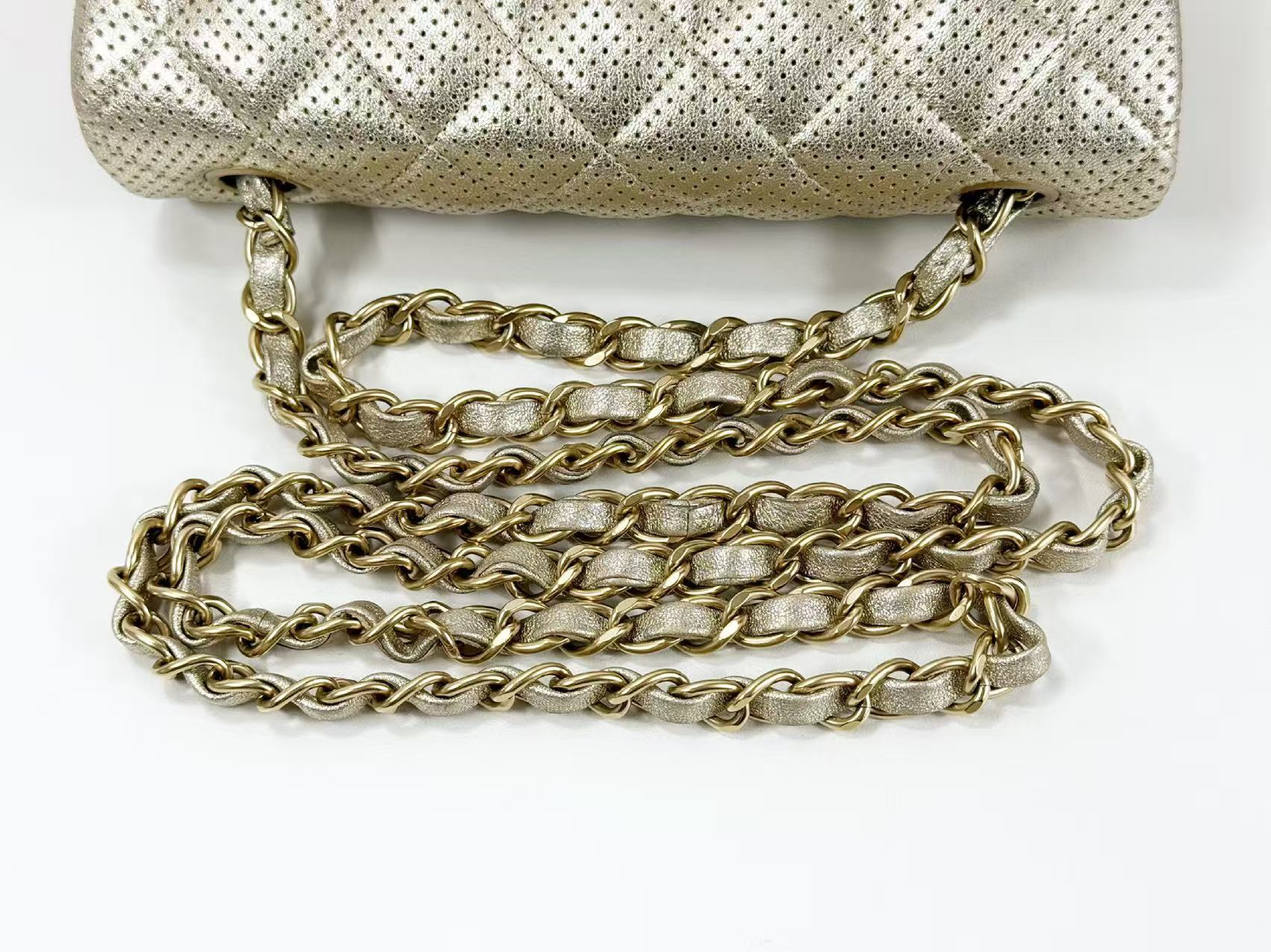 Mini Matelassé Perforated Champagne Gold Shoulder Bag, W20/H12/D6cm (approx.), Serial Number in the 20s, with dust bag and seal, matte gold hardware, 20431722. — view 8