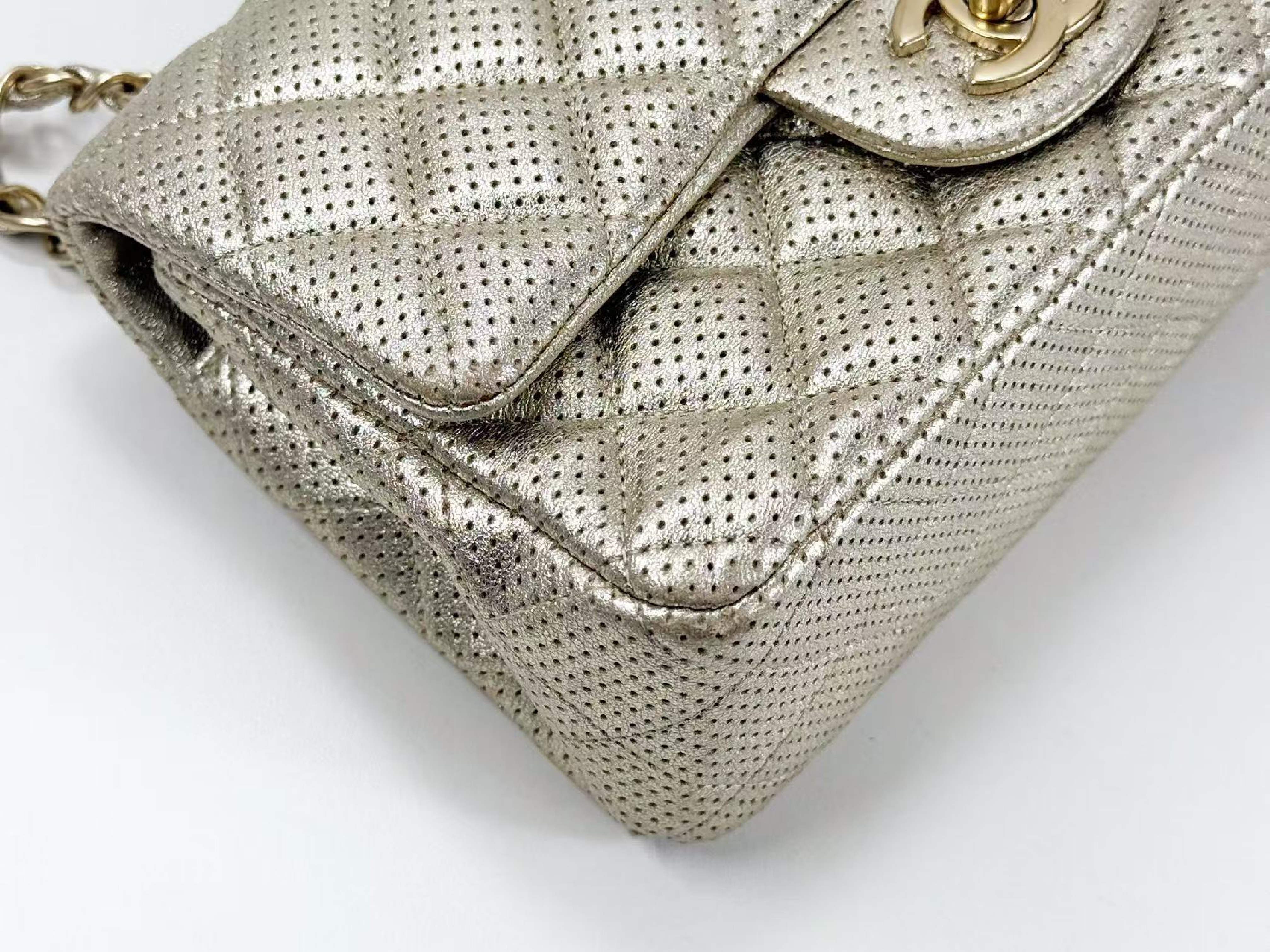 Mini Matelassé Perforated Champagne Gold Shoulder Bag, W20/H12/D6cm (approx.), Serial Number in the 20s, with dust bag and seal, matte gold hardware, 20431722. — view 9