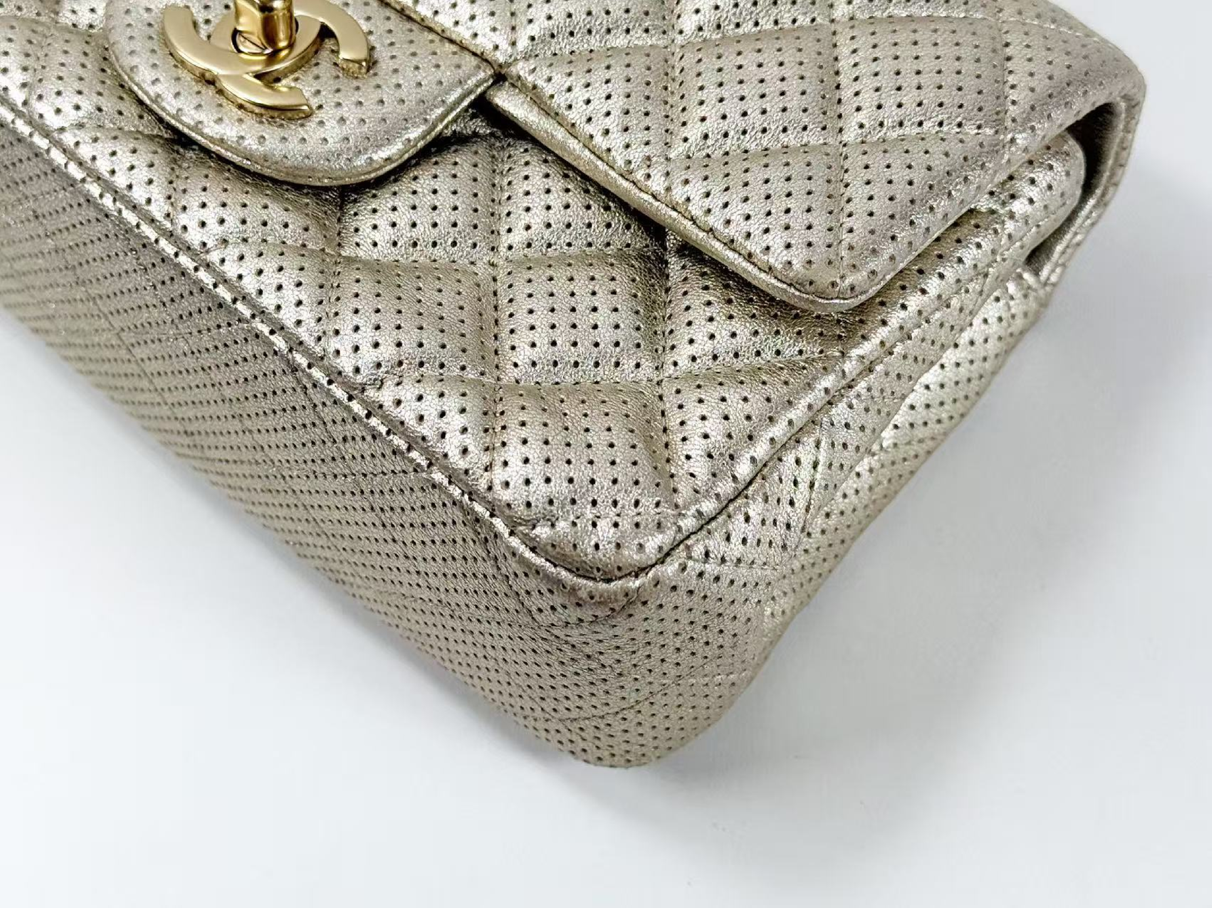 Mini Matelassé Perforated Champagne Gold Shoulder Bag, W20/H12/D6cm (approx.), Serial Number in the 20s, with dust bag and seal, matte gold hardware, 20431722. — view 10