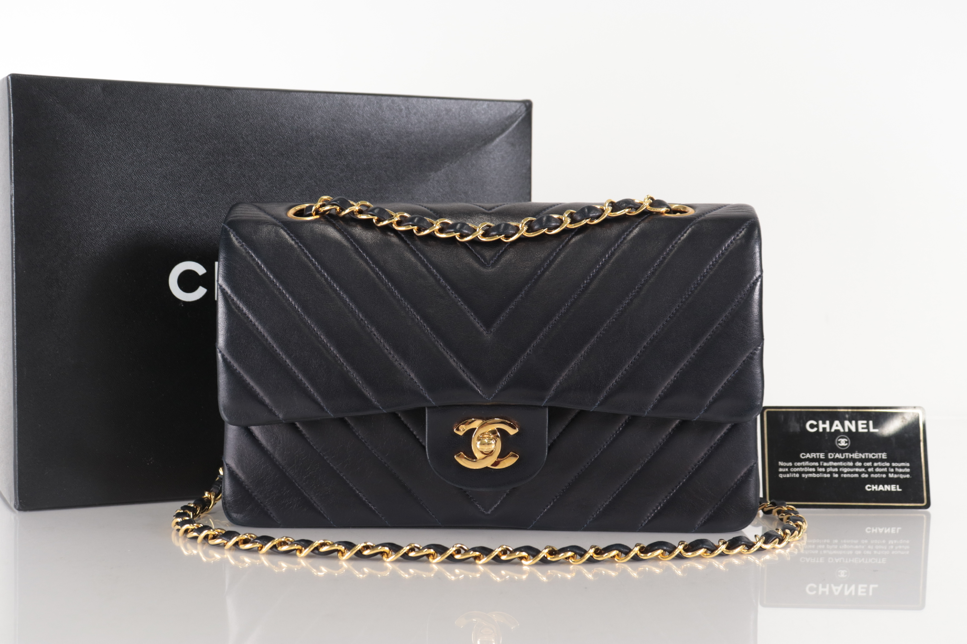 W-Flap 25 Chevron Lambskin Navy Shoulder Bag (Serial Number 2)