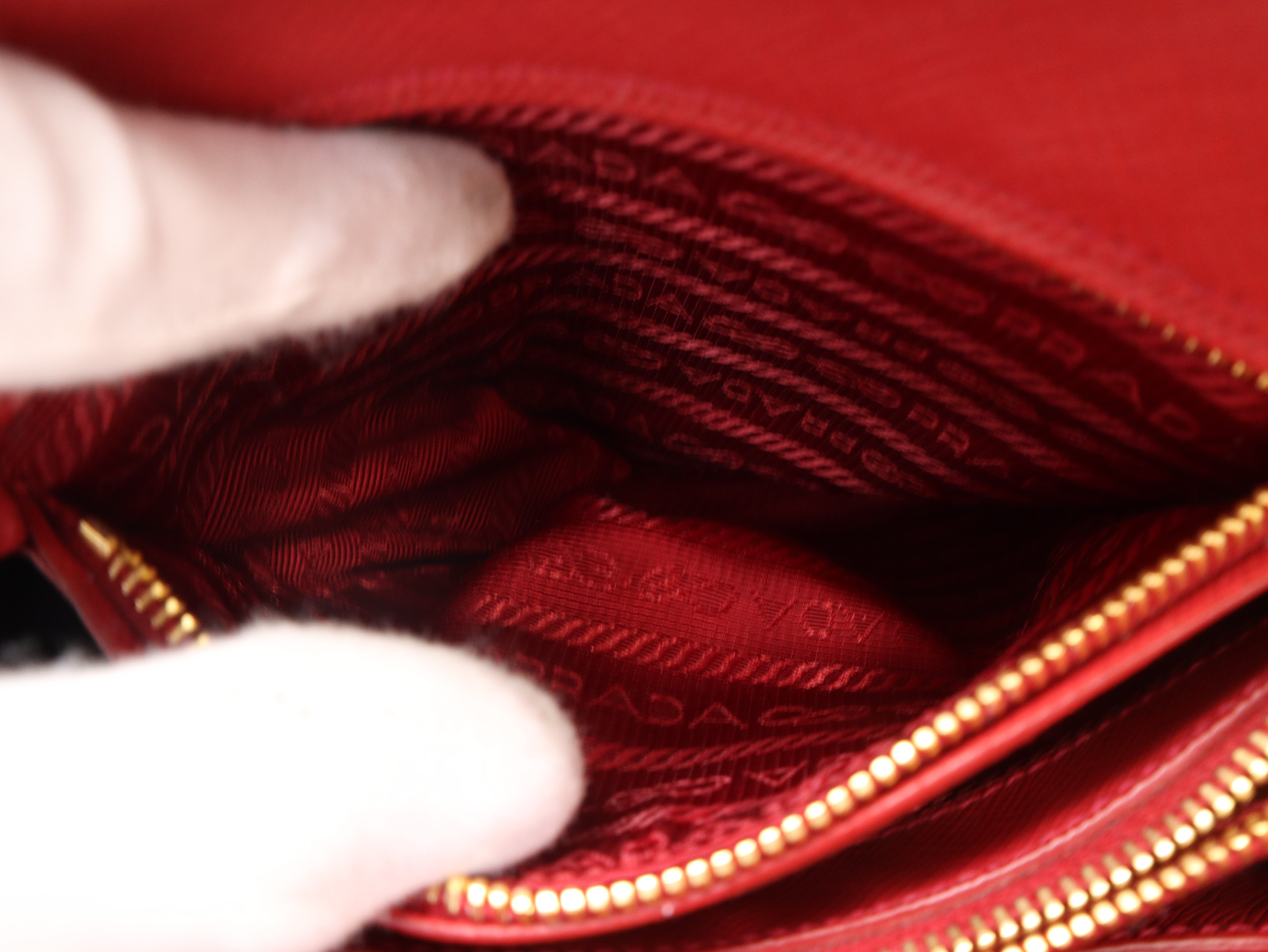 1BA838 Saffiano Leather 2-Way Handbag, Red, with Strap, Clochette, and Dust Bag. — view 13