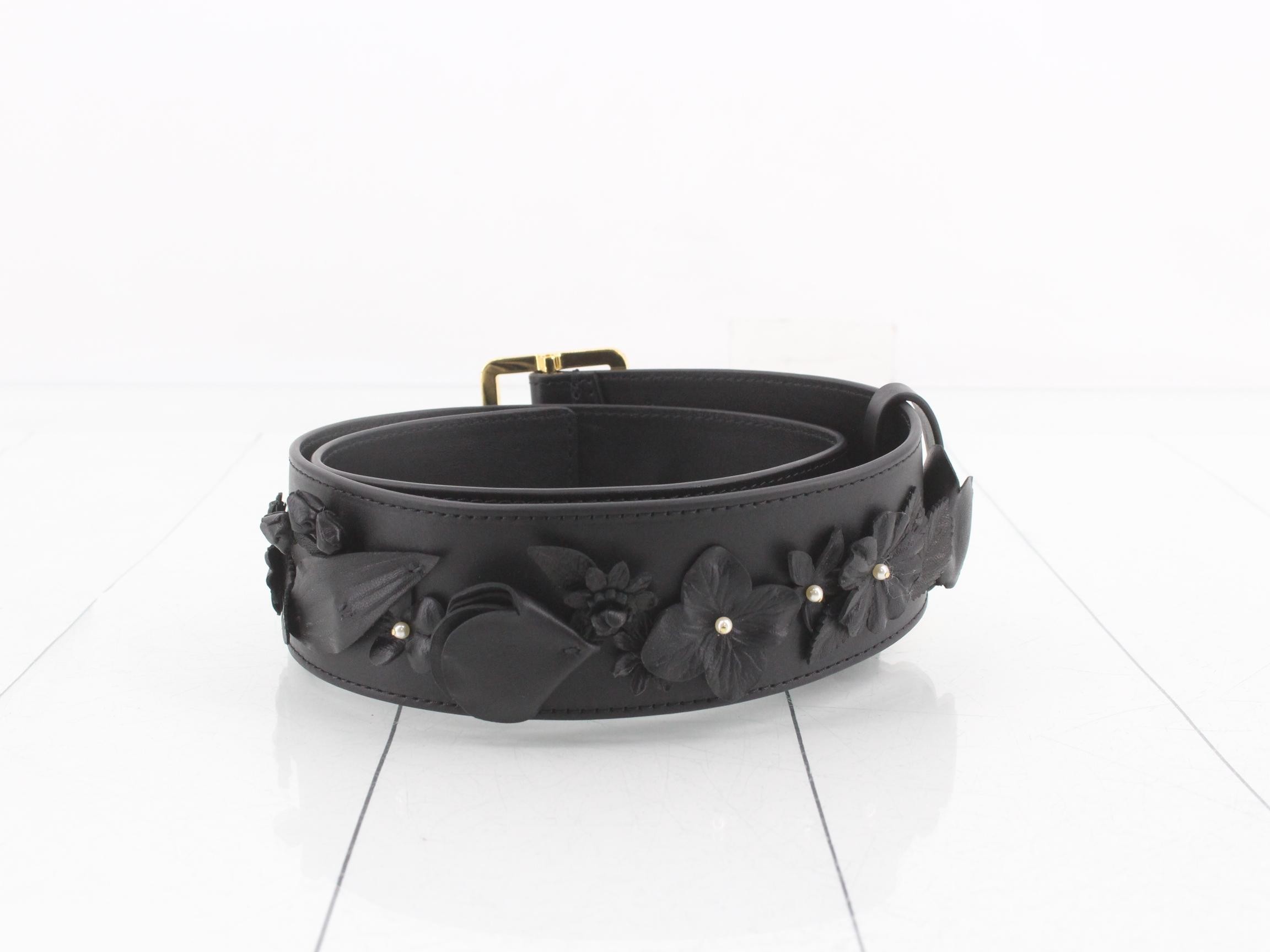 Flower Belt, Leather, Black, Gold Hardware, #70 — view 2