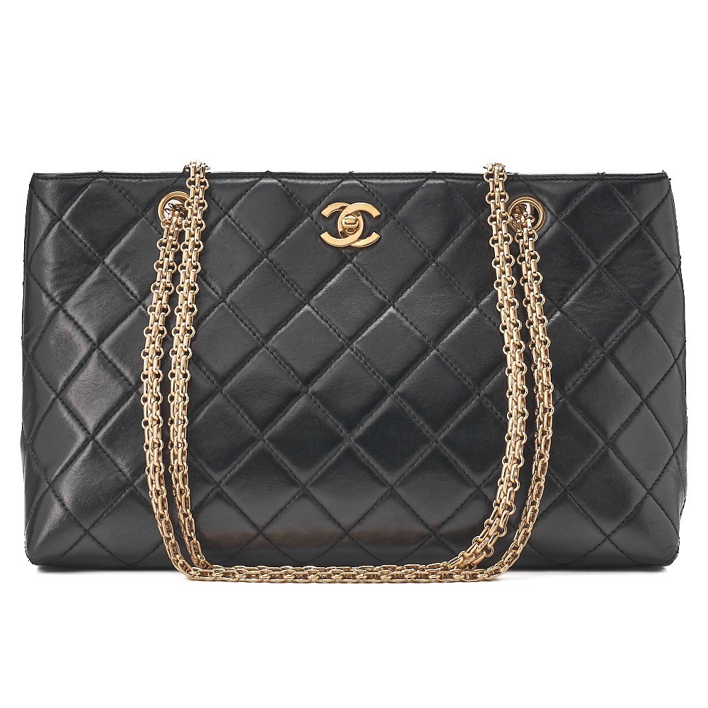 Lambskin Matelassé Coco Mark Turnlock Chain Tote, Black — view 4