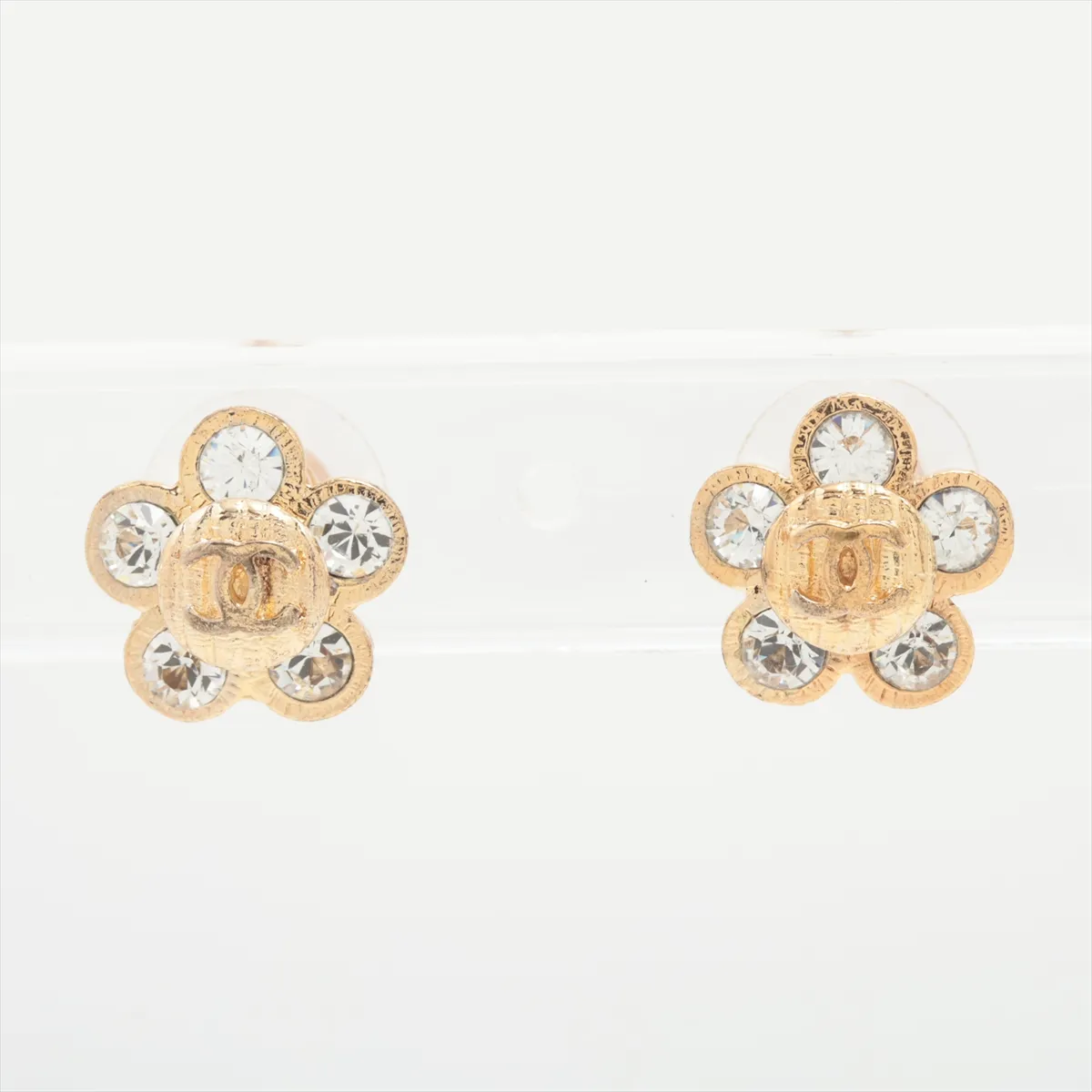 Coco Mark Flower 06A Earrings (Pair) GP x Rhinestone Gold - Shows signs of wear,