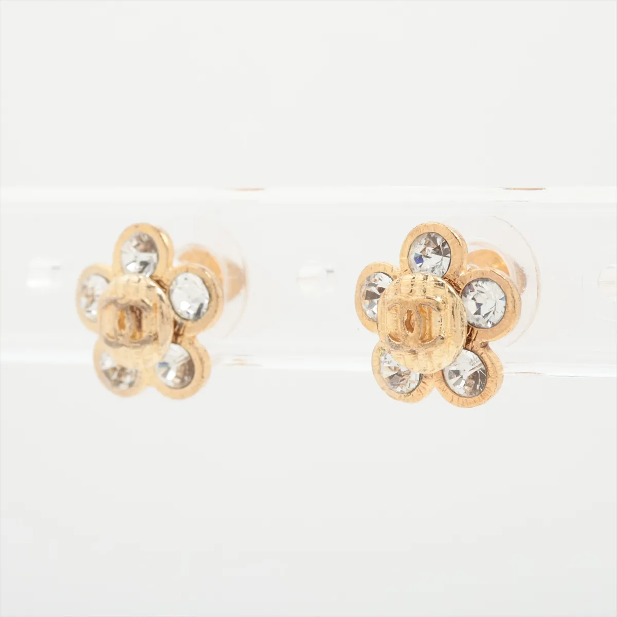 Coco Mark Flower 06A Earrings (Pair) GP x Rhinestone Gold - Shows signs of wear, — view 3