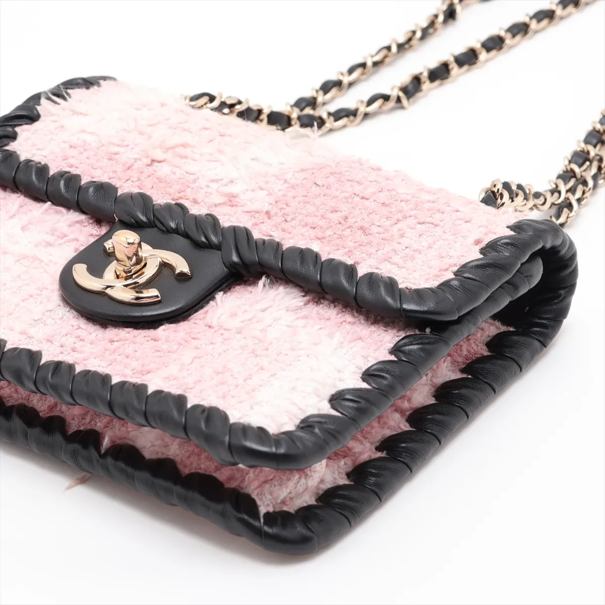 Coco Mark Tweed x Leather Chain Shoulder Bag, Pink x Black, Gold Hardware, JU26PCHH, Random Plate — view 3