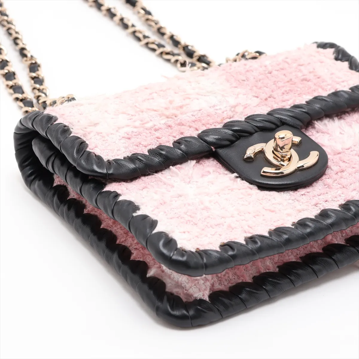 Coco Mark Tweed x Leather Chain Shoulder Bag, Pink x Black, Gold Hardware, JU26PCHH, Random Plate — view 4