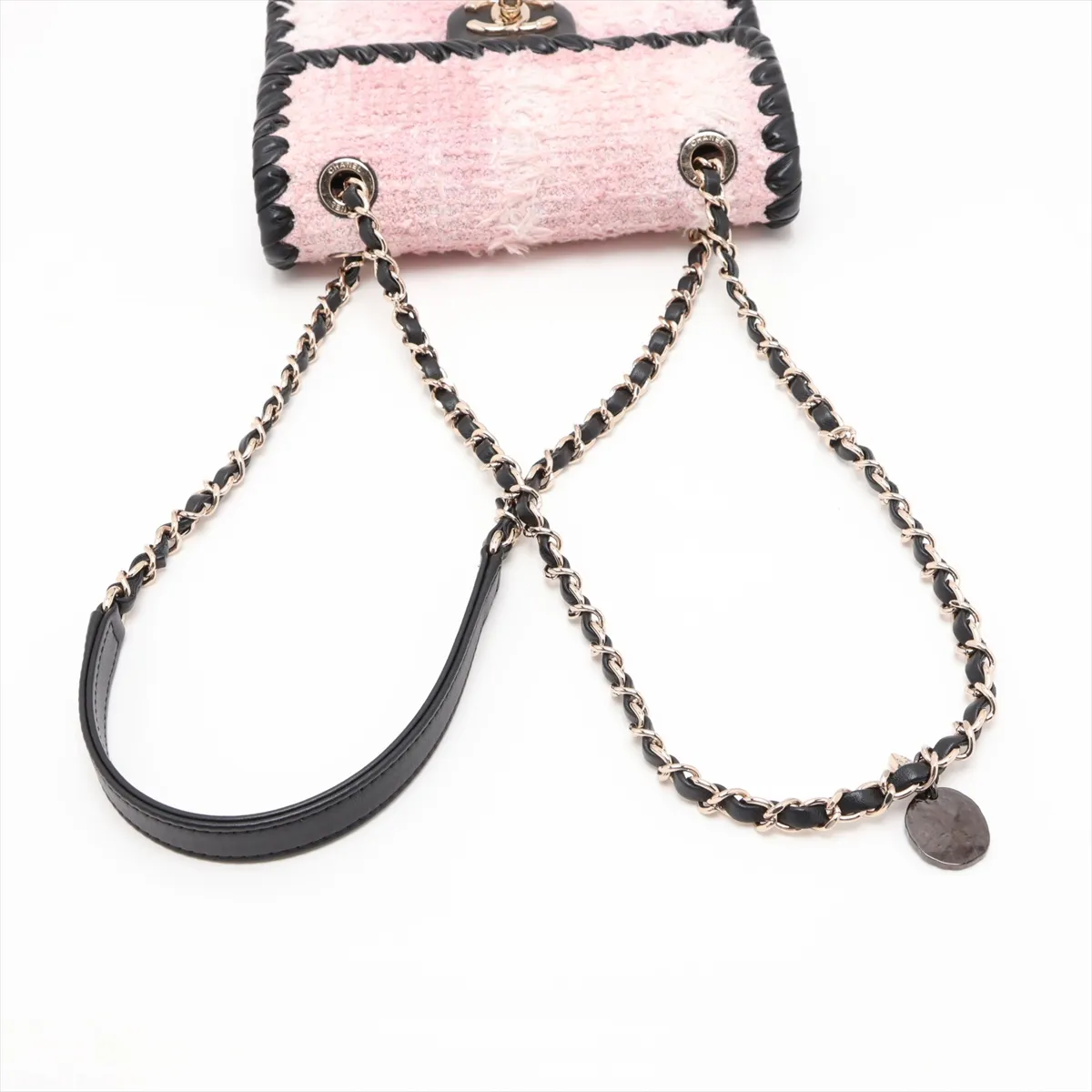 Coco Mark Tweed x Leather Chain Shoulder Bag, Pink x Black, Gold Hardware, JU26PCHH, Random Plate — view 5