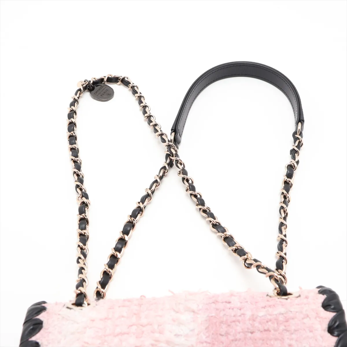 Coco Mark Tweed x Leather Chain Shoulder Bag, Pink x Black, Gold Hardware, JU26PCHH, Random Plate — view 6