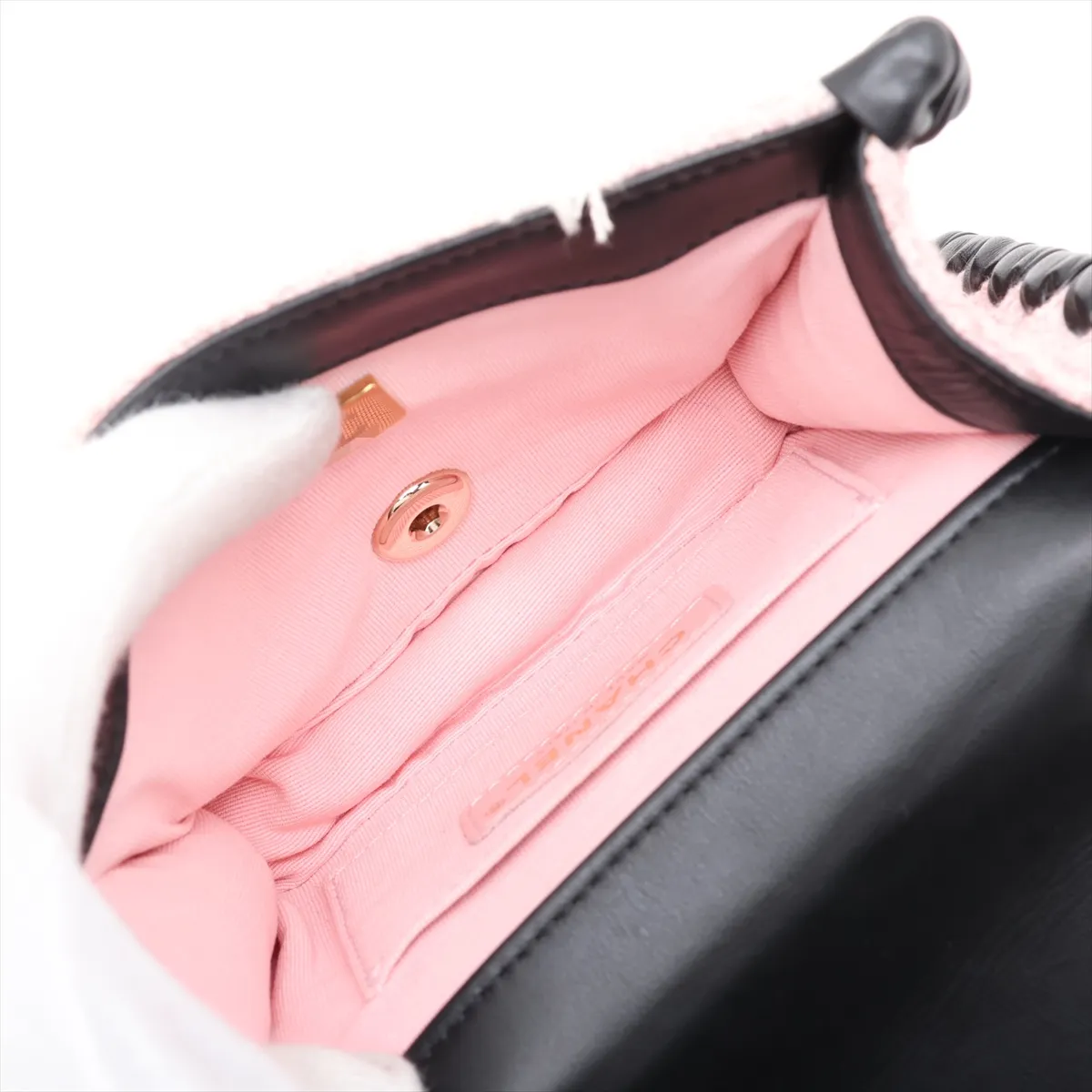 Coco Mark Tweed x Leather Chain Shoulder Bag, Pink x Black, Gold Hardware, JU26PCHH, Random Plate — view 7