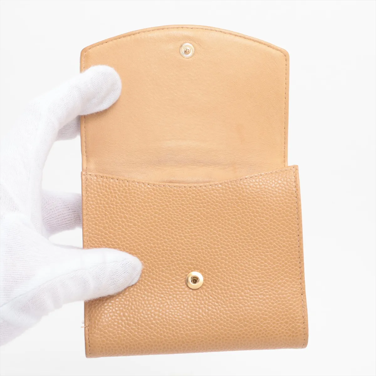 Cocomark Caviar Skin Compact Wallet Beige Gold Hardware 8377580 — view 3