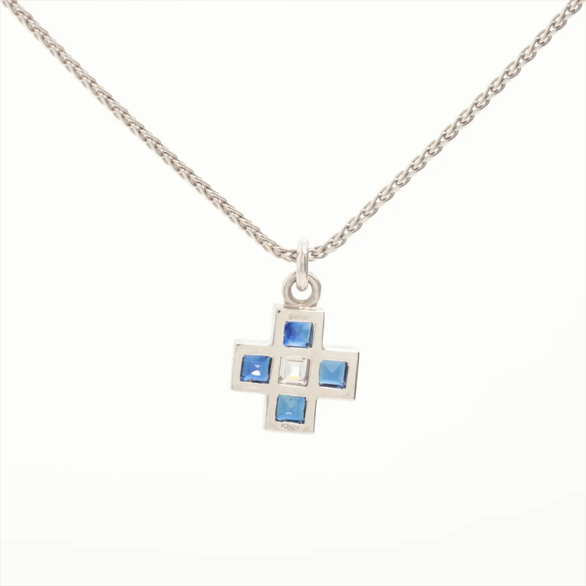 Cross Sapphire Diamond Necklace, 750 (WG), 6.4g, Sapphire has chips and — view 2