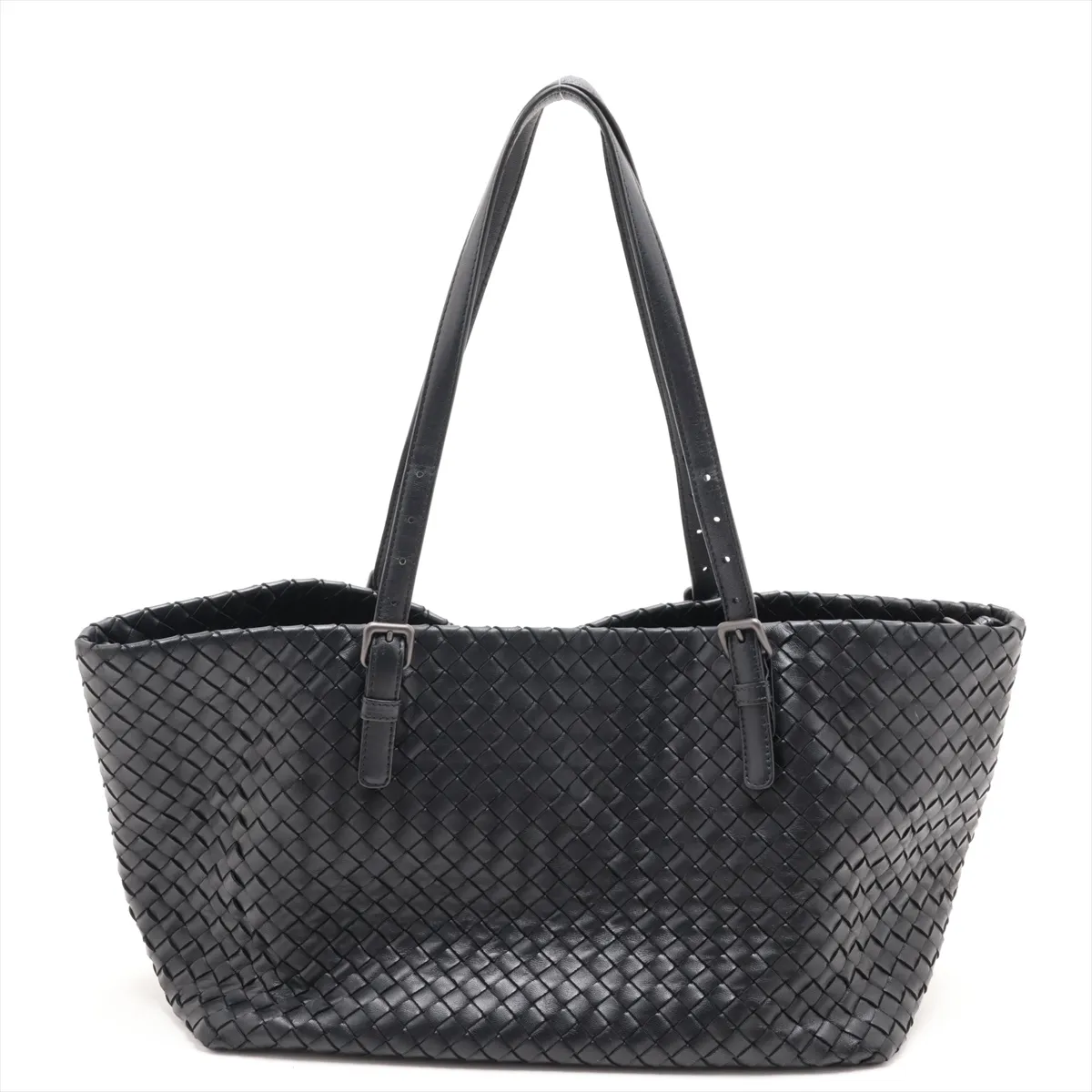 Intrecciato Leather Tote Bag, Black — view 2