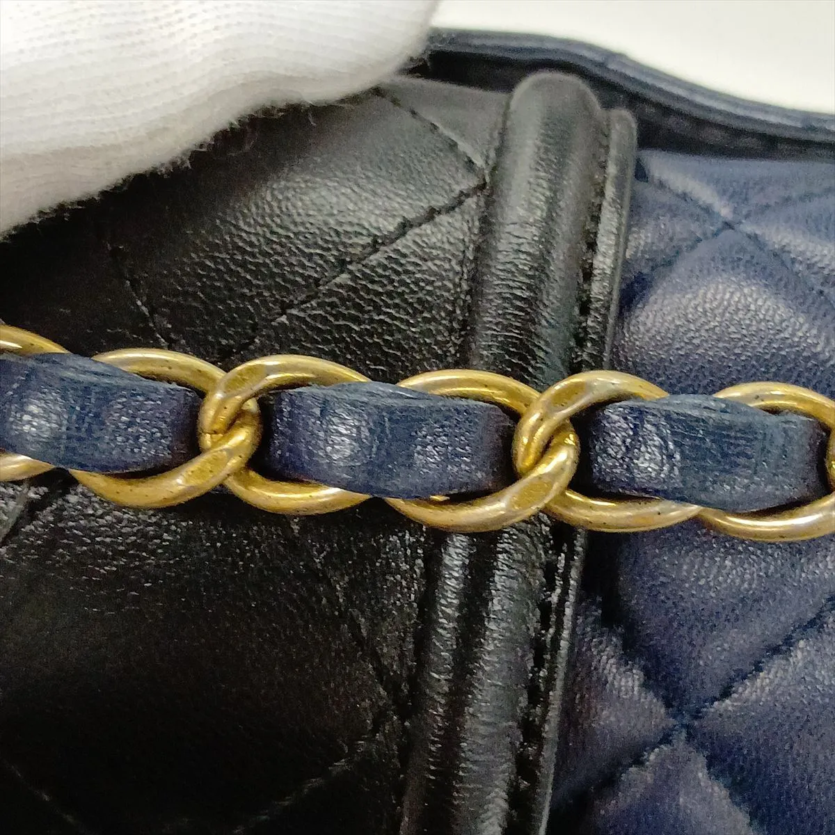 Matelassé Lambskin Single Flap Double Chain Bag, Navy, Gold Hardware, 20671764 (Serial Number in the 20s) — view 13