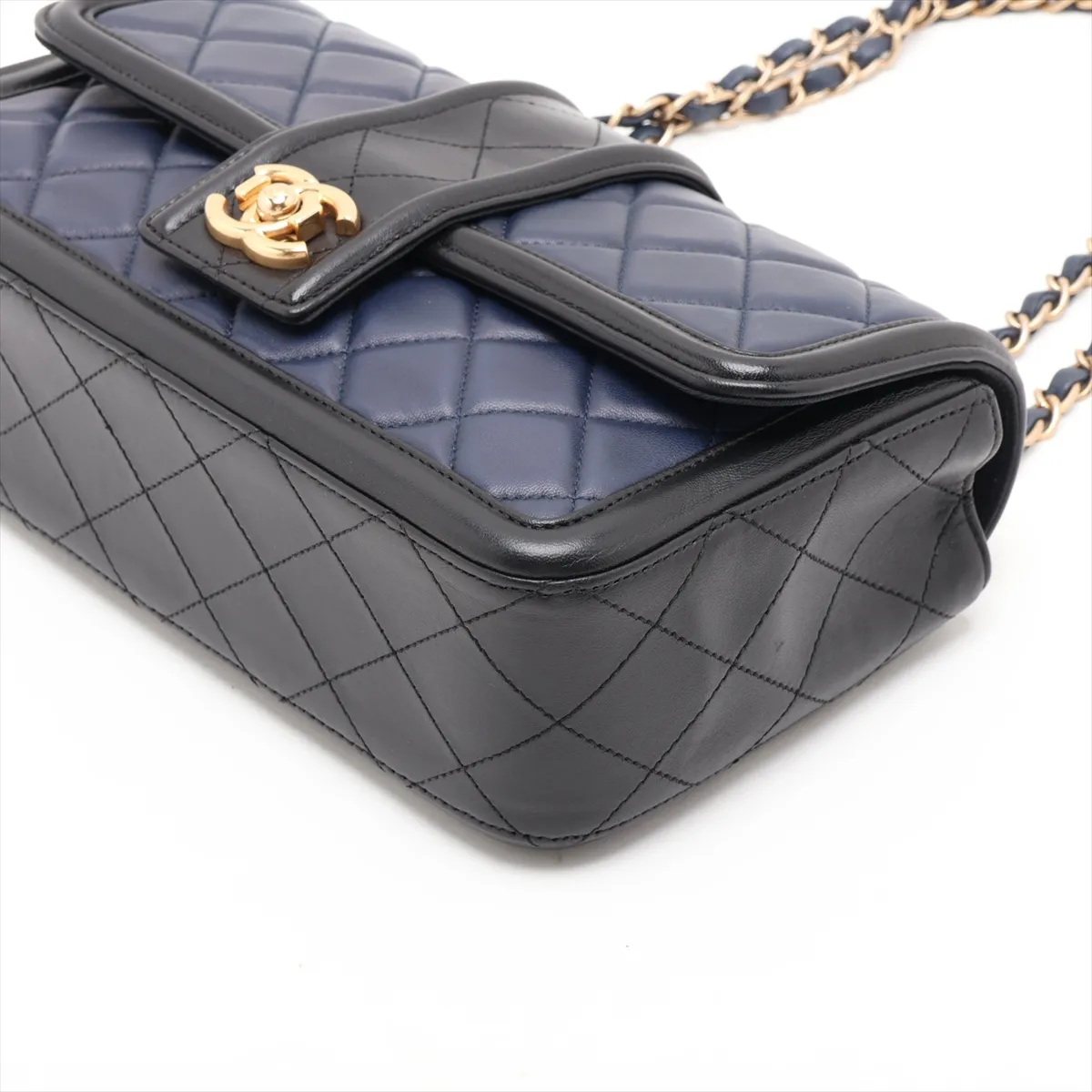 Matelassé Lambskin Single Flap Double Chain Bag, Navy, Gold Hardware, 20671764 (Serial Number in the 20s) — view 3