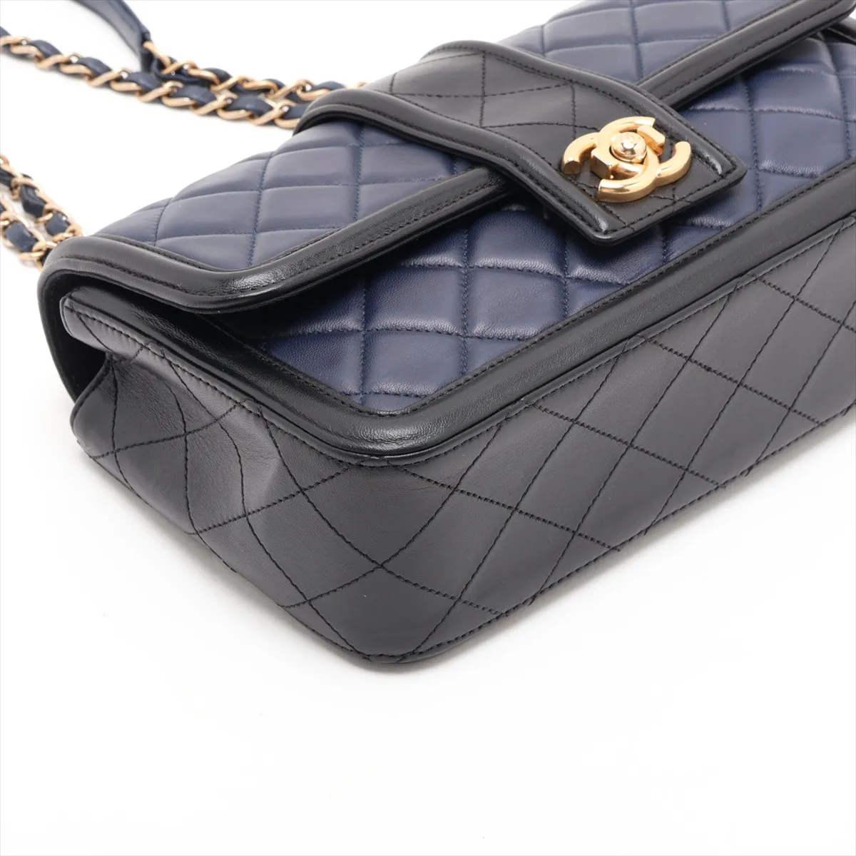 Matelassé Lambskin Single Flap Double Chain Bag, Navy, Gold Hardware, 20671764 (Serial Number in the 20s) — view 4
