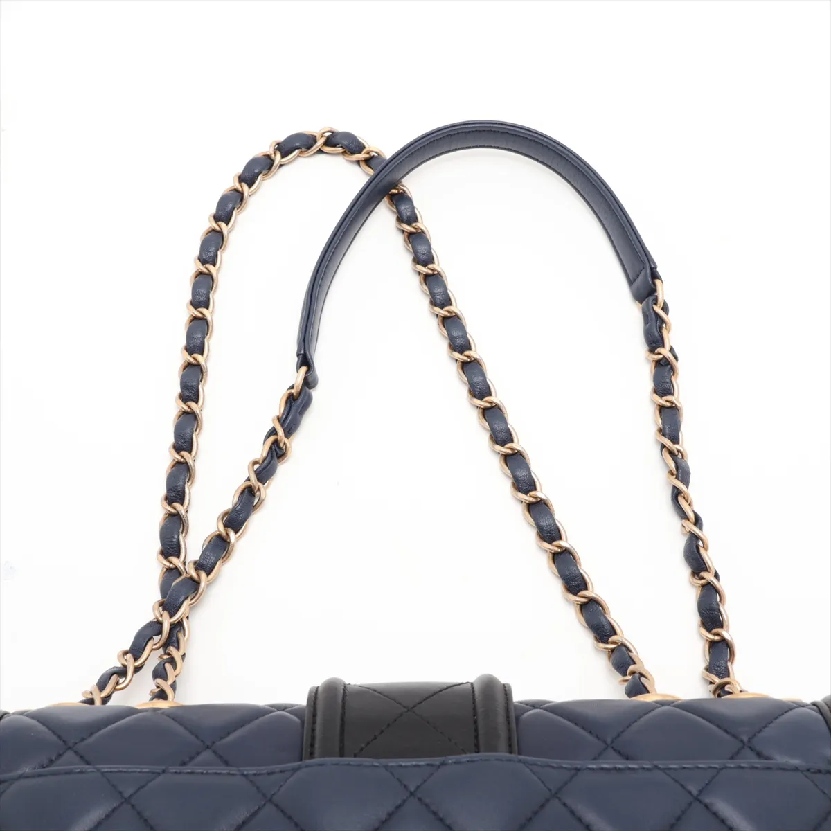 Matelassé Lambskin Single Flap Double Chain Bag, Navy, Gold Hardware, 20671764 (Serial Number in the 20s) — view 6