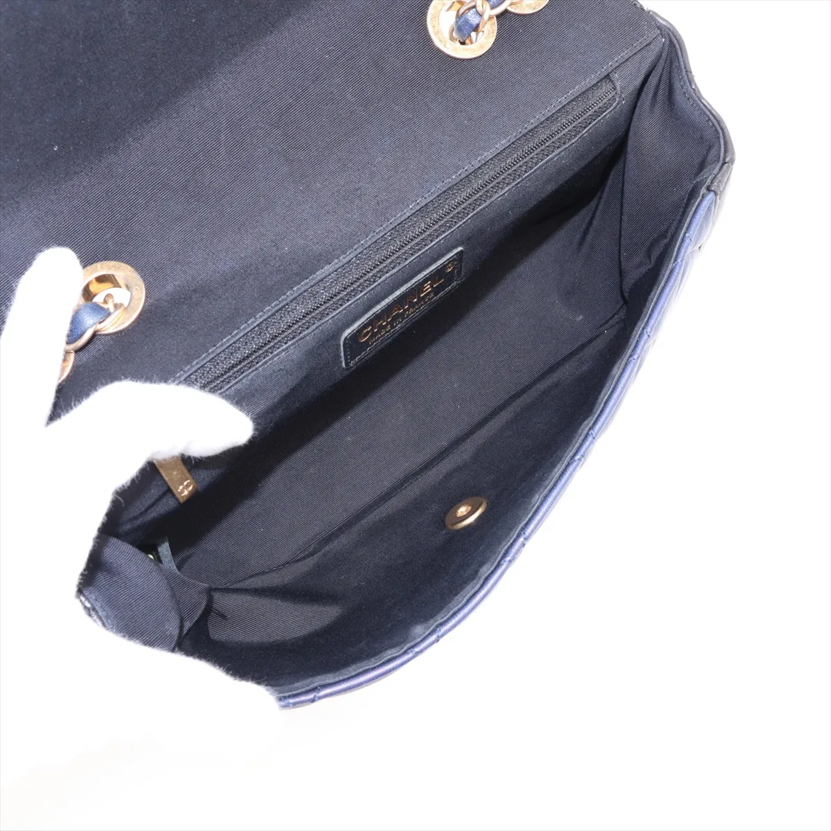 Matelassé Lambskin Single Flap Double Chain Bag, Navy, Gold Hardware, 20671764 (Serial Number in the 20s) — view 7