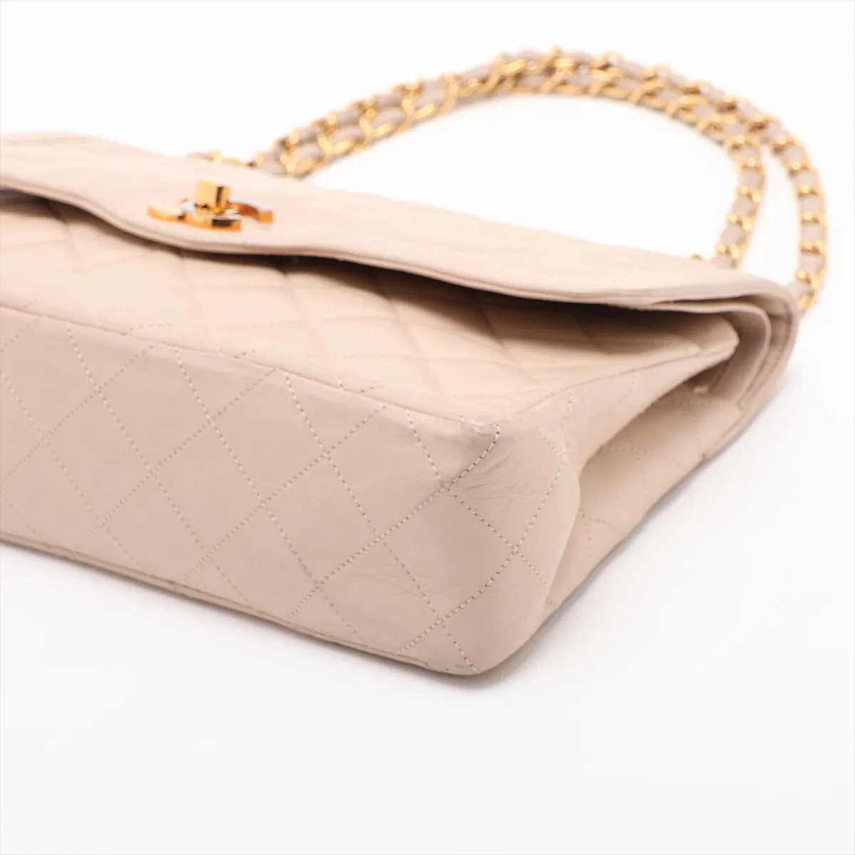 Matelassé Lambskin Double Flap Double Chain Bag, Paris Limited Edition, Beige with Gold Hardware — view 3