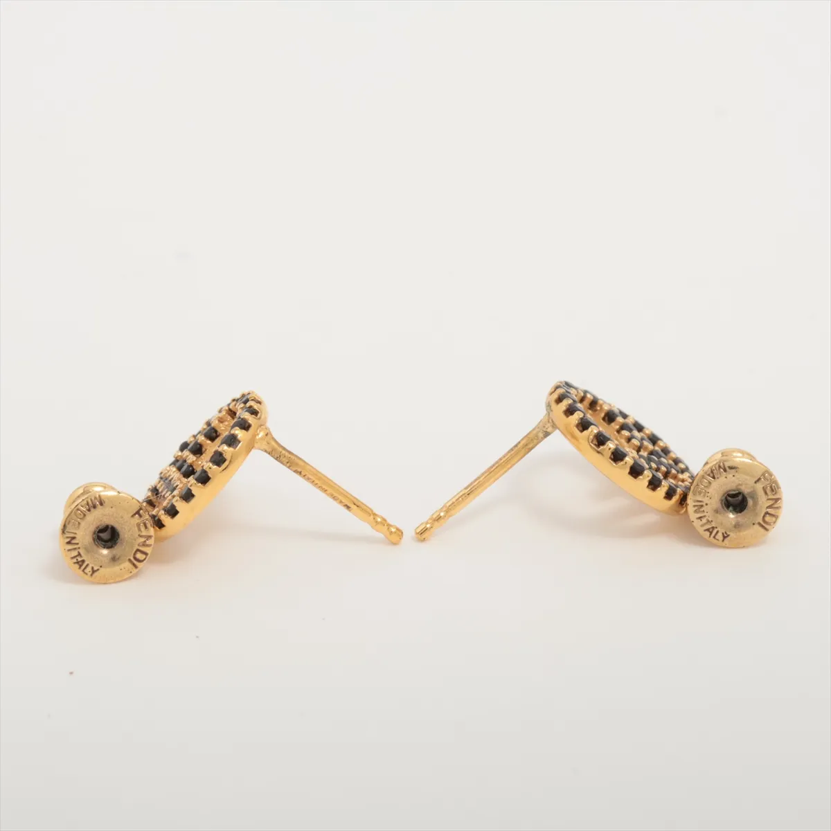 F is Fendi earrings (for both ears), gold and black with rhinestones. Shows signs of wear: — view 4