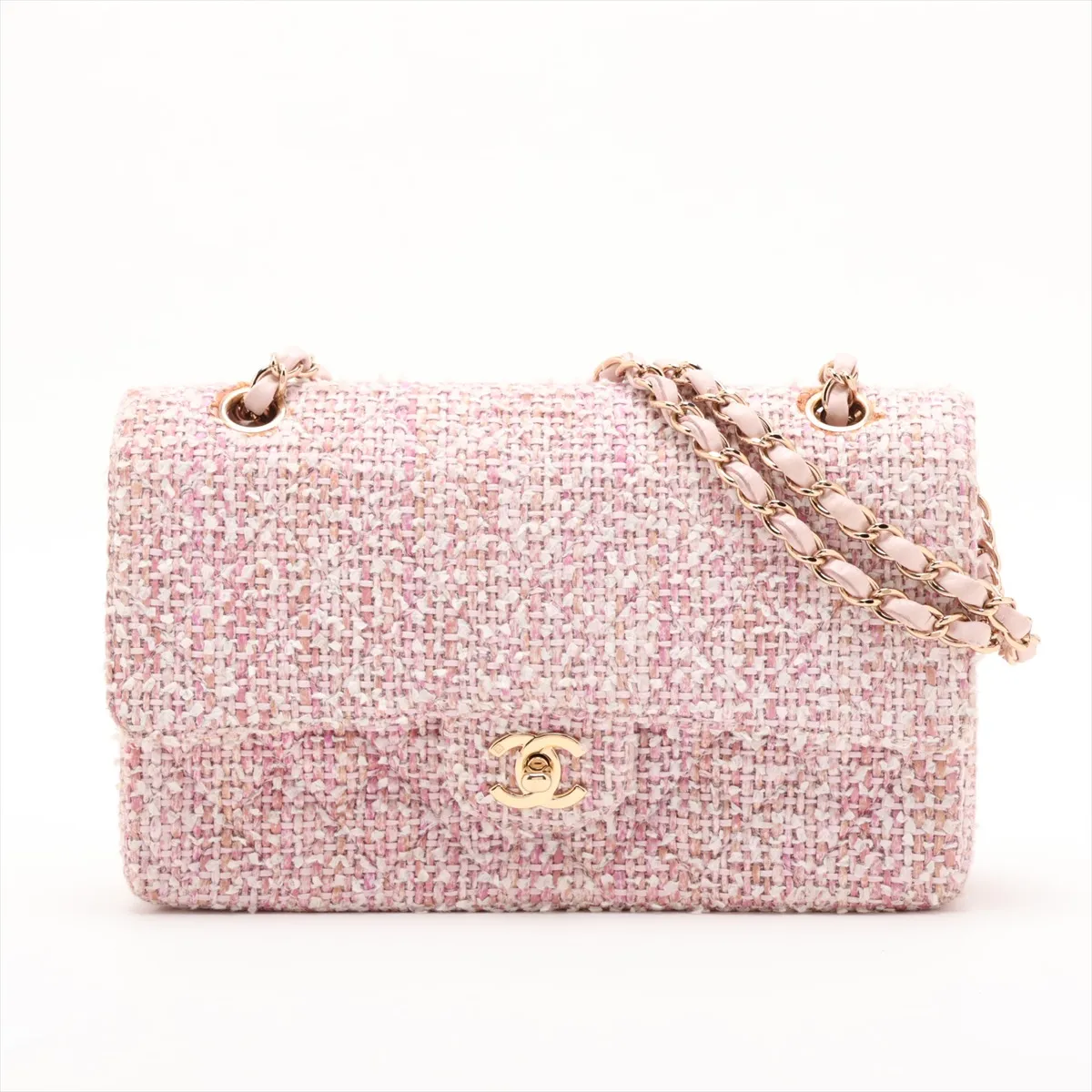 Matelassé 25 Tweed Double Flap Double Chain Bag, Pink with Gold Hardware, 8218424, Series 8, A01112