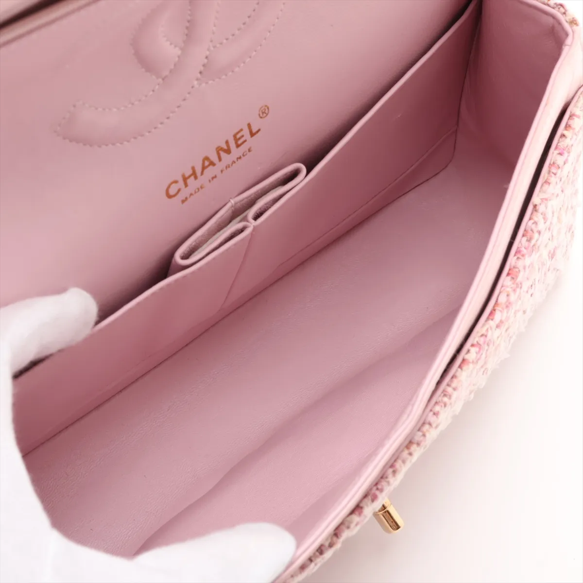 Matelassé 25 Tweed Double Flap Double Chain Bag, Pink with Gold Hardware, 8218424, Series 8, A01112 — view 7
