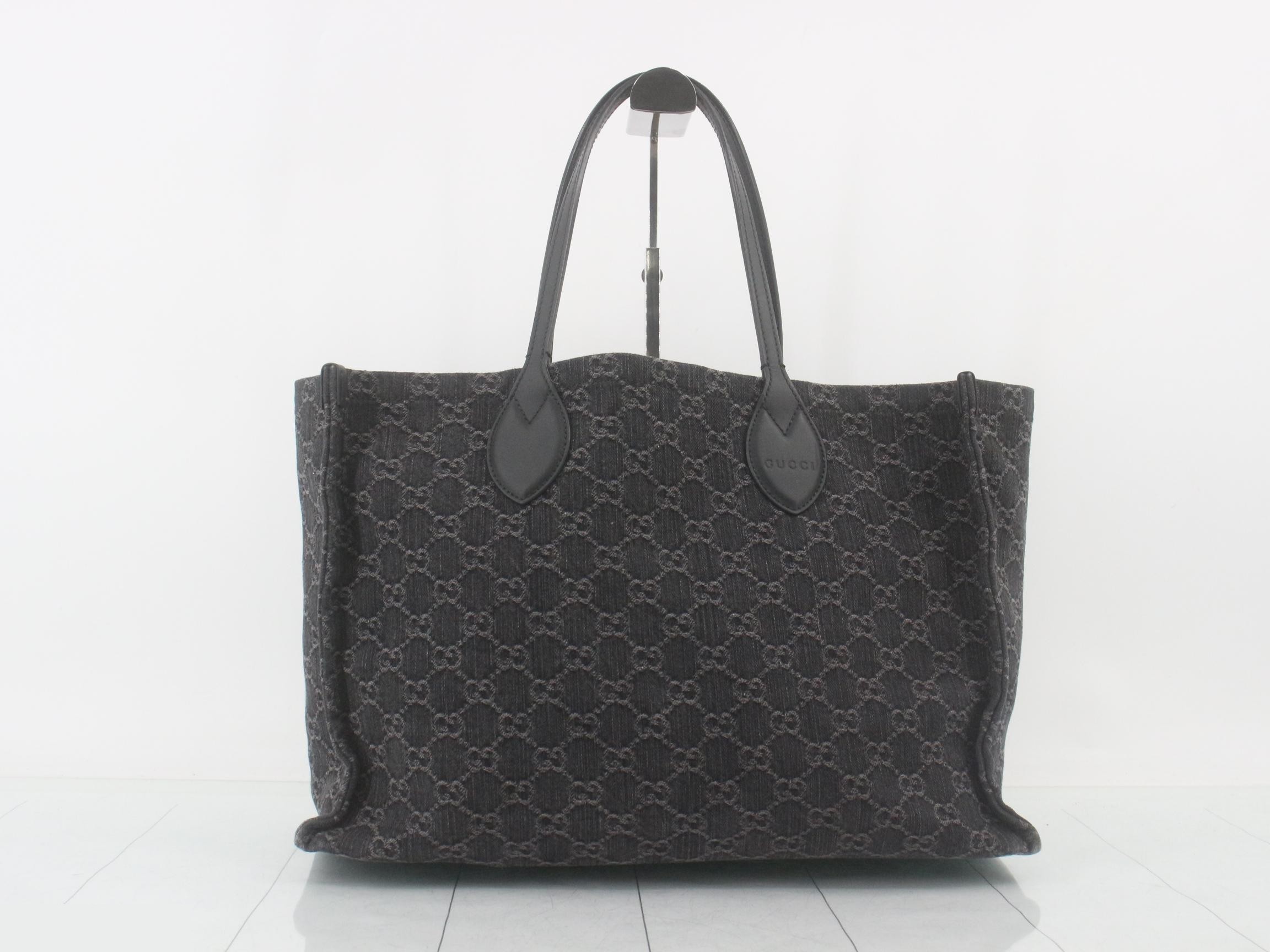 GG Denim Tote Bag, Canvas/Leather, Black — view 2