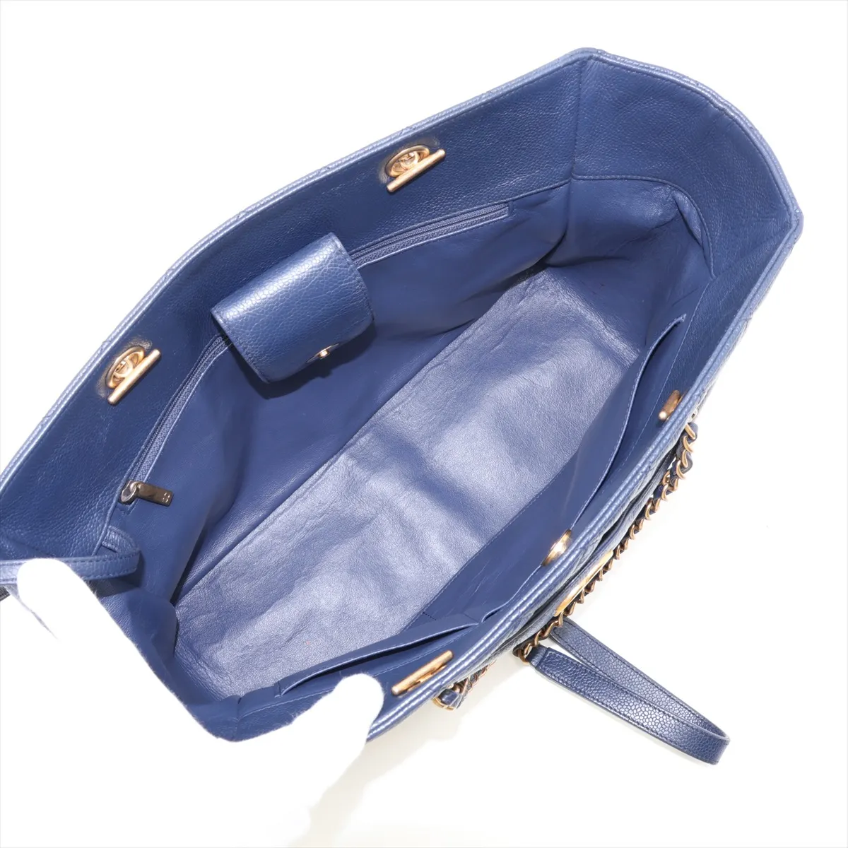 Matelassé Caviar Skin Chain Tote Bag, Blue with Gold Hardware, Item Number 21833891, Series 21 — view 7