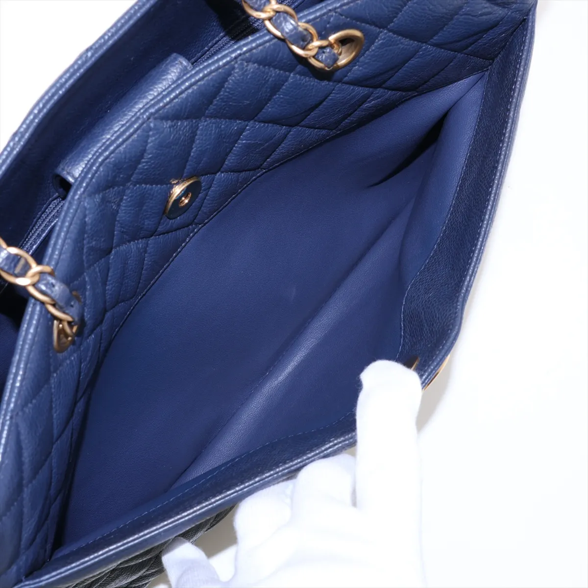 Matelassé Caviar Skin Chain Tote Bag, Blue with Gold Hardware, Item Number 21833891, Series 21 — view 10
