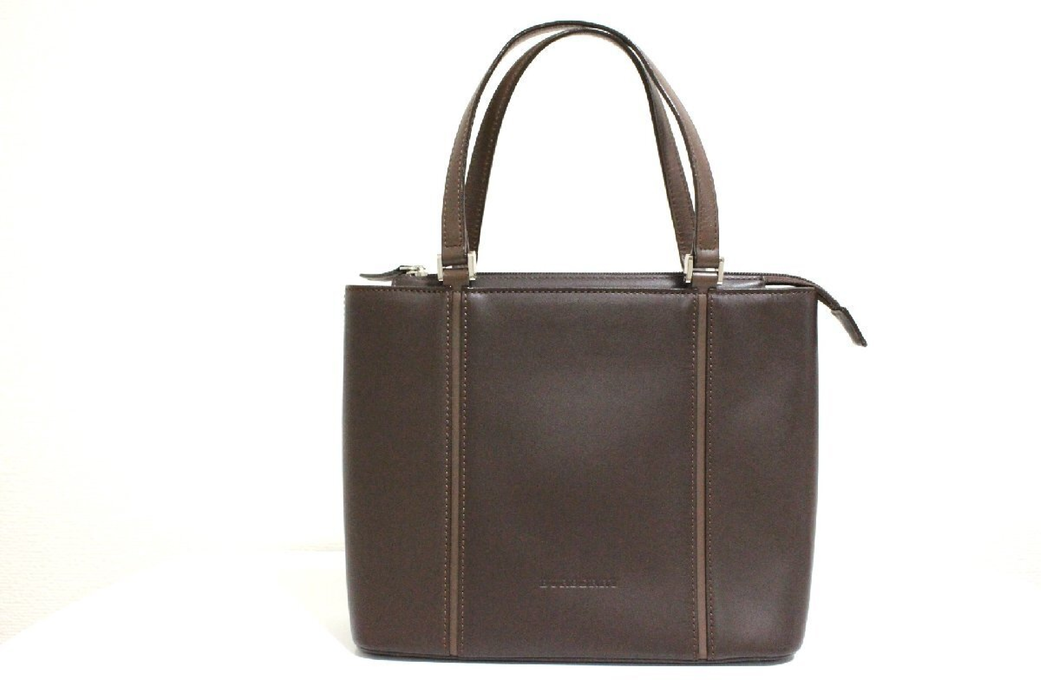 leather handbag/tote bag with checkered interior, brown, silver hardware. — view 2