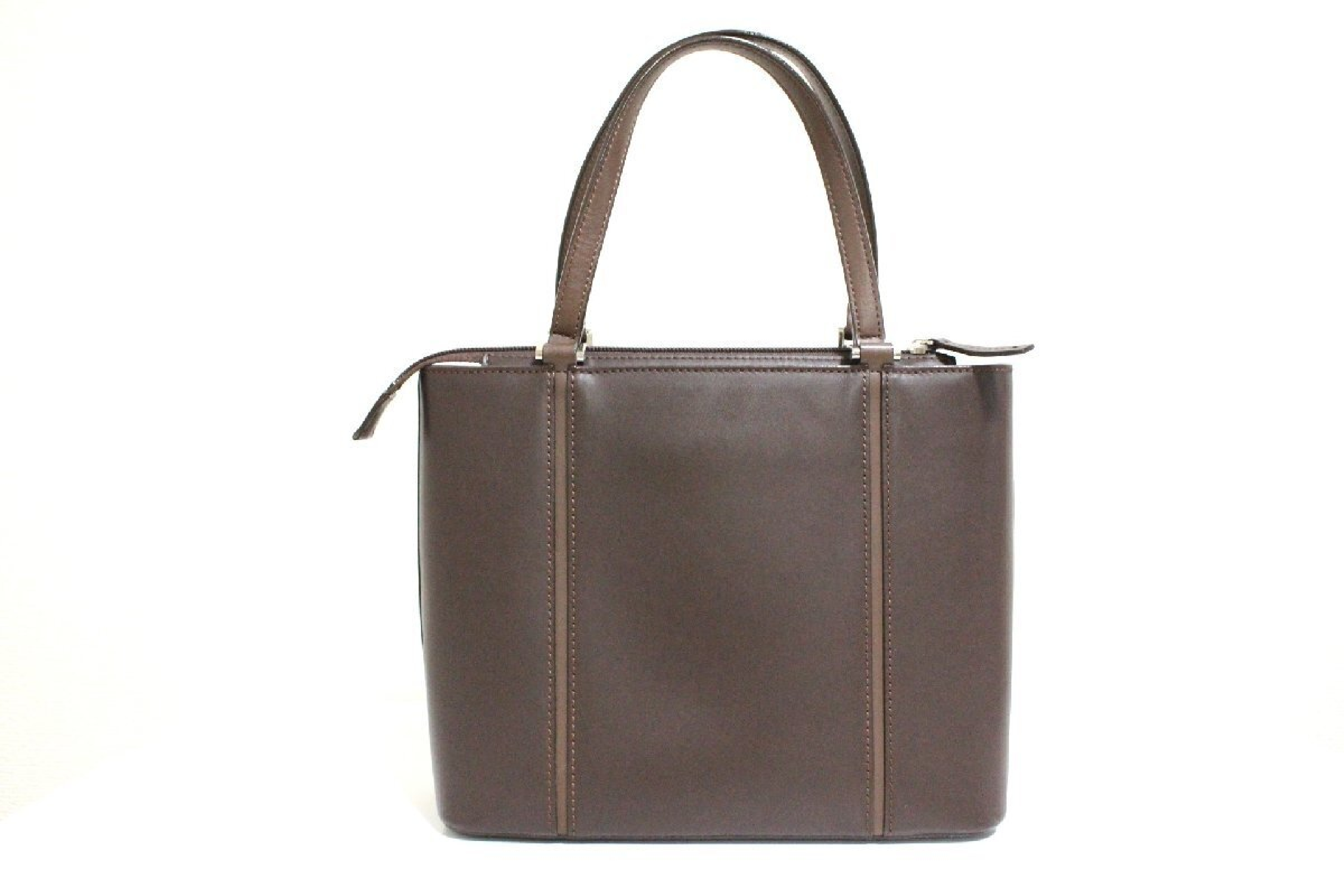 leather handbag/tote bag with checkered interior, brown, silver hardware. — view 3