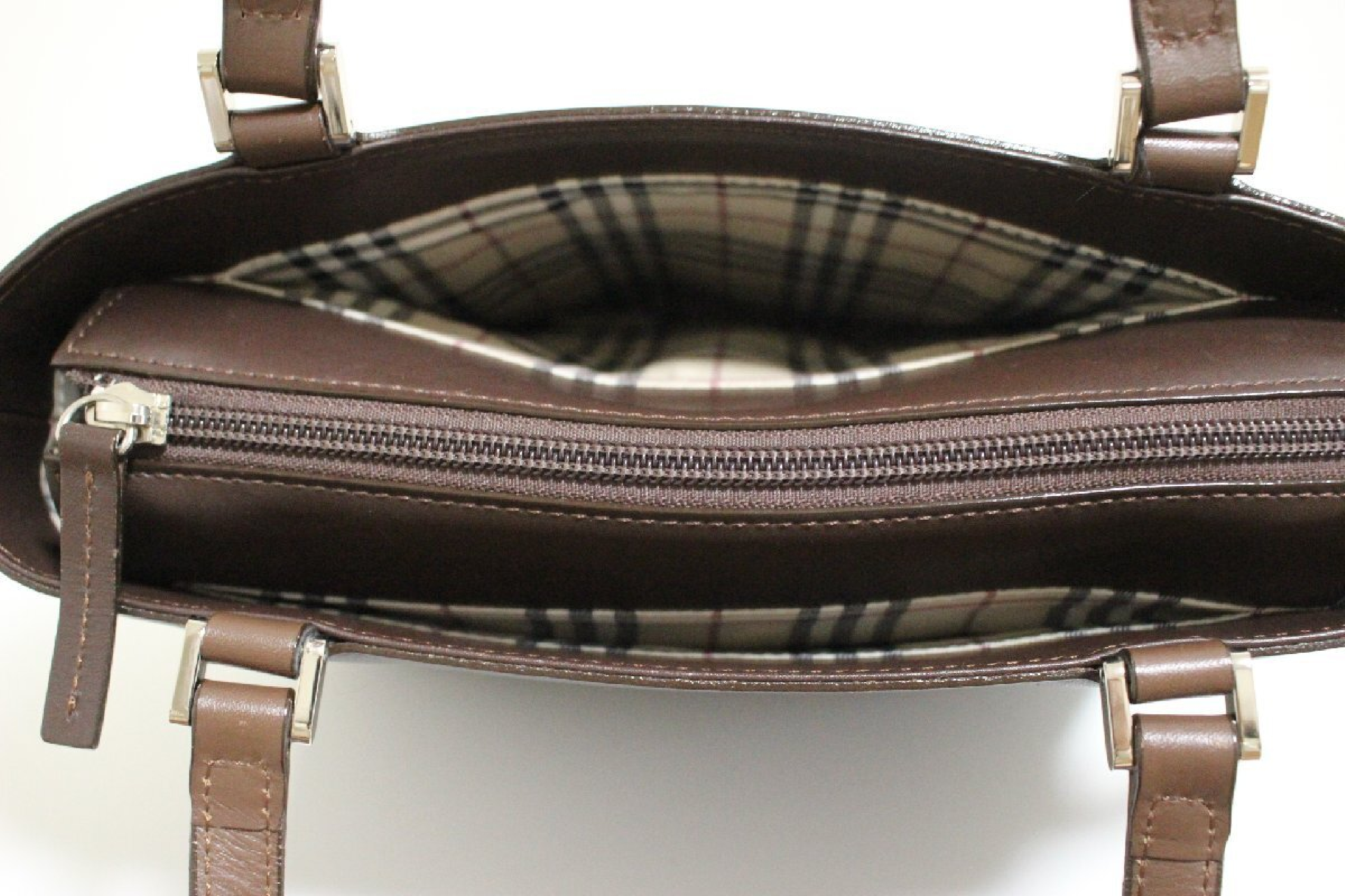 leather handbag/tote bag with checkered interior, brown, silver hardware. — view 7