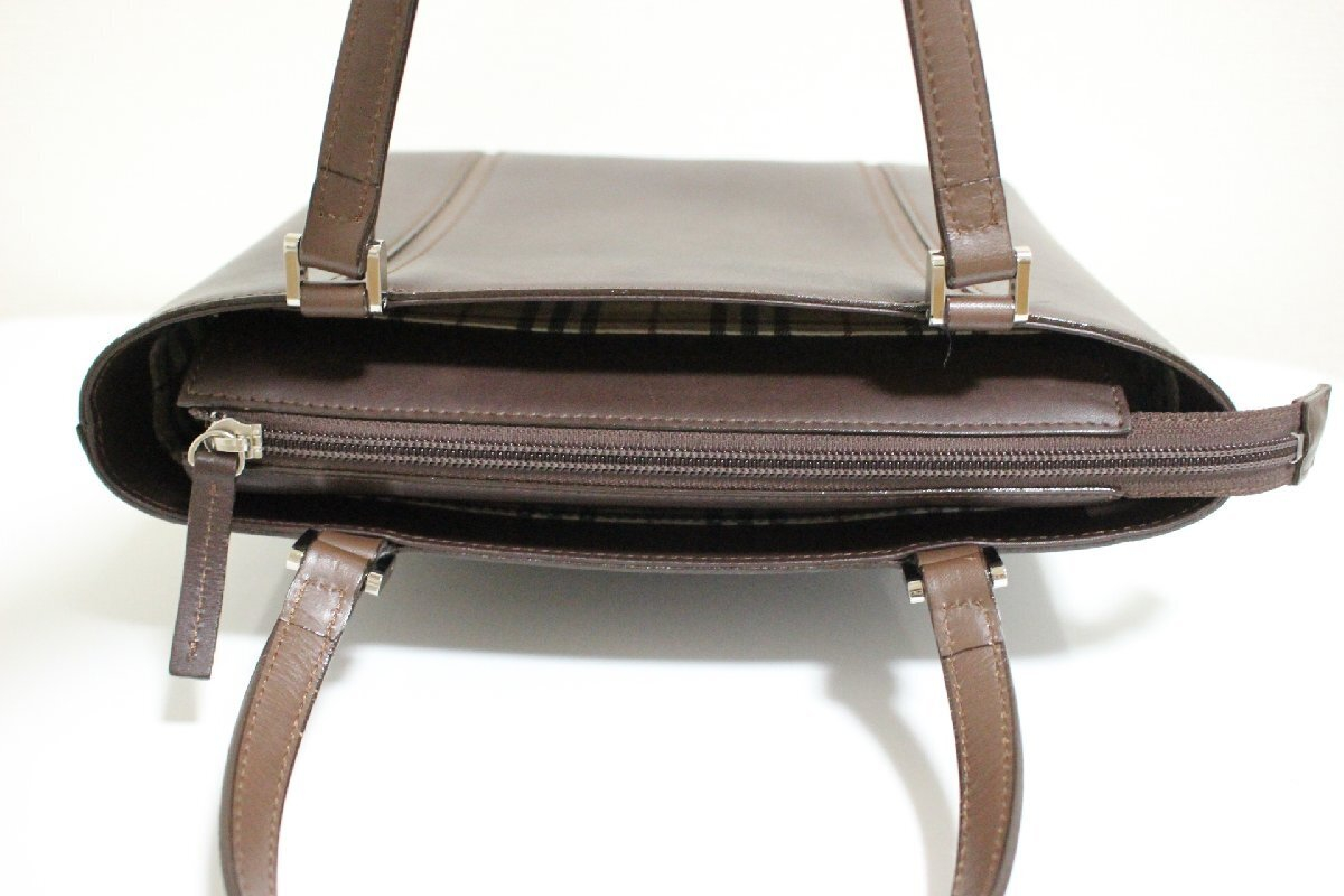 leather handbag/tote bag with checkered interior, brown, silver hardware. — view 8