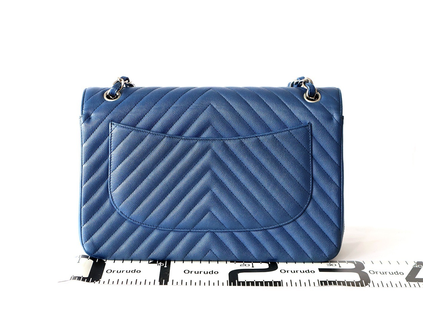 Caviar leather V-stitch 30 double flap double chain shoulder bag, blue — view 2