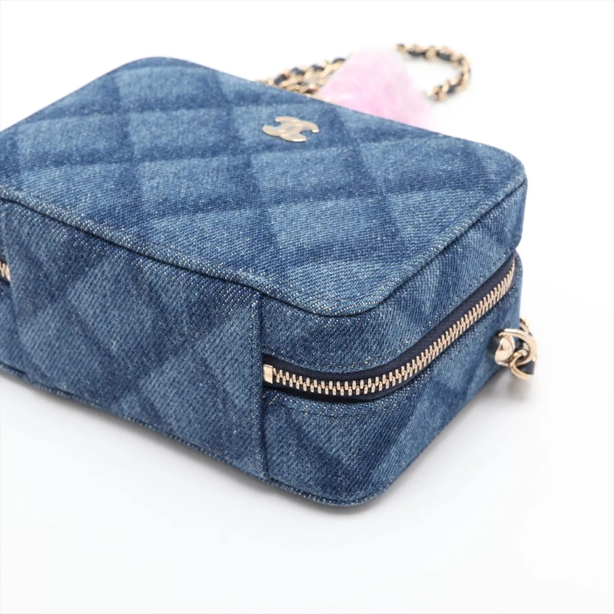 Matelassé Denim Chain Shoulder Bag, Blue, Gold Hardware, JK003974, Random Serial Number — view 3
