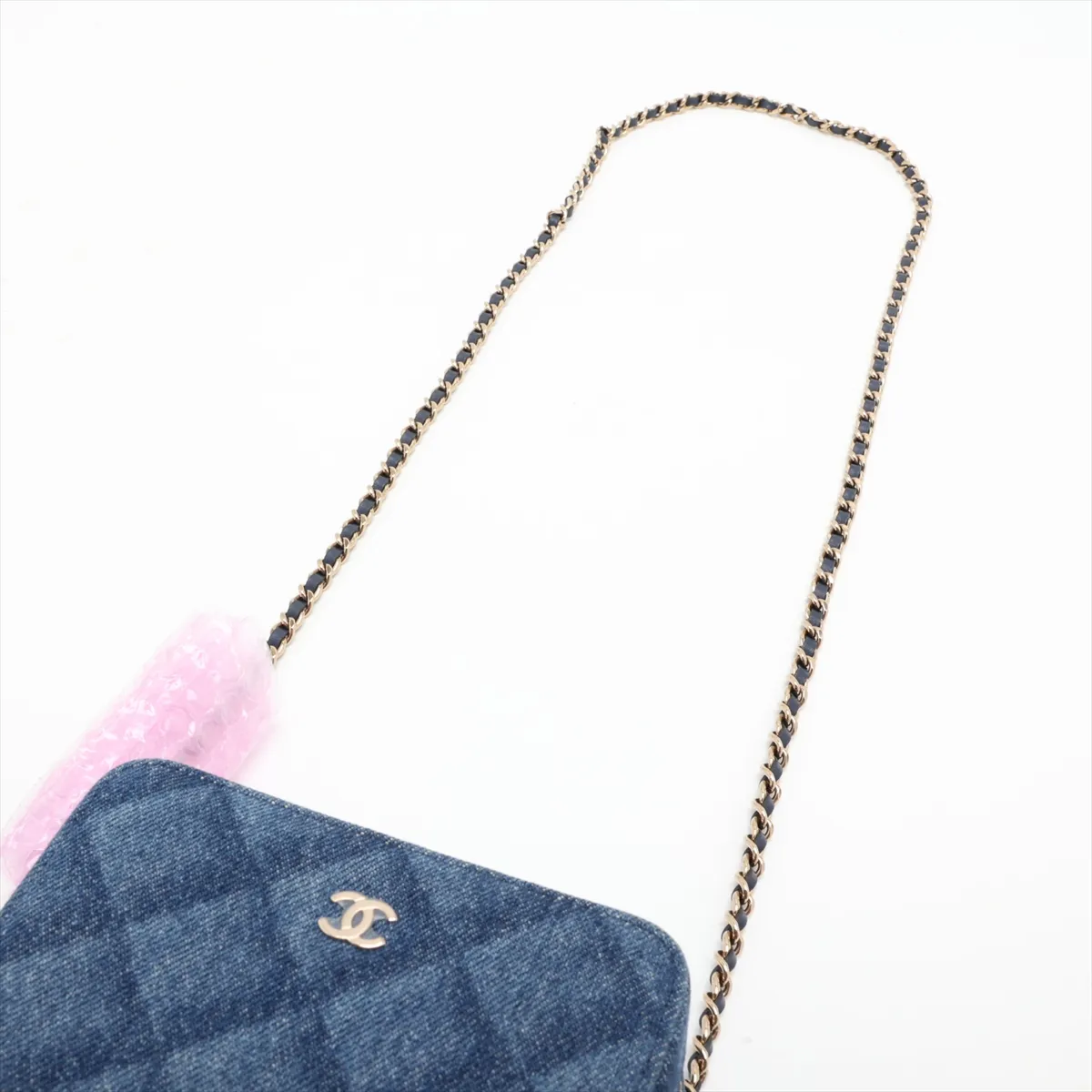 Matelassé Denim Chain Shoulder Bag, Blue, Gold Hardware, JK003974, Random Serial Number — view 5