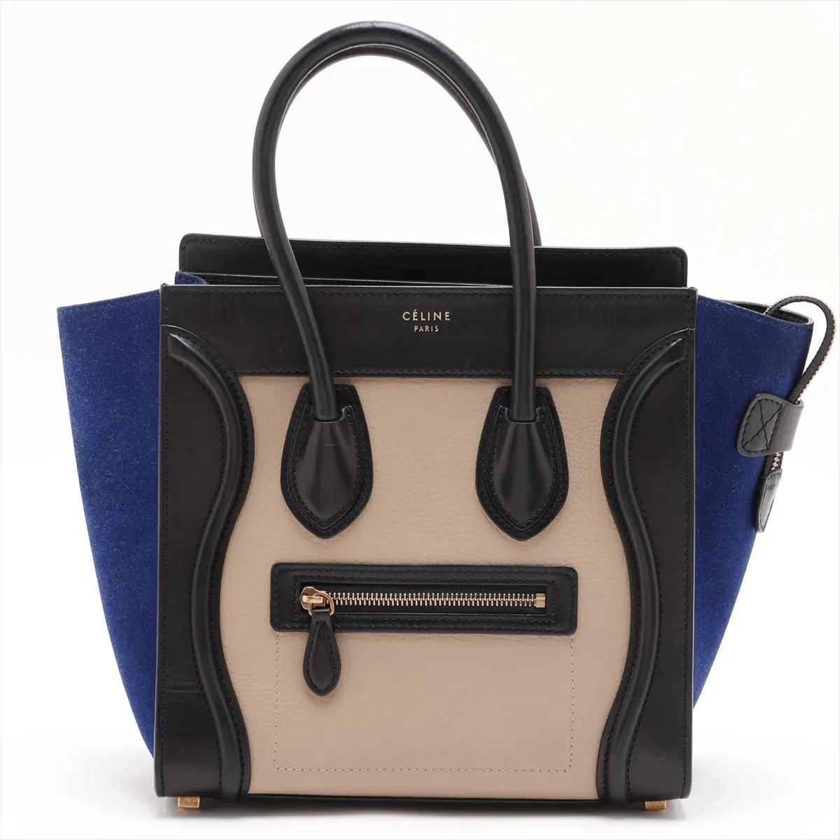 Luggage Micro Shopper Leather Handbag, Beige x Blue x Black
